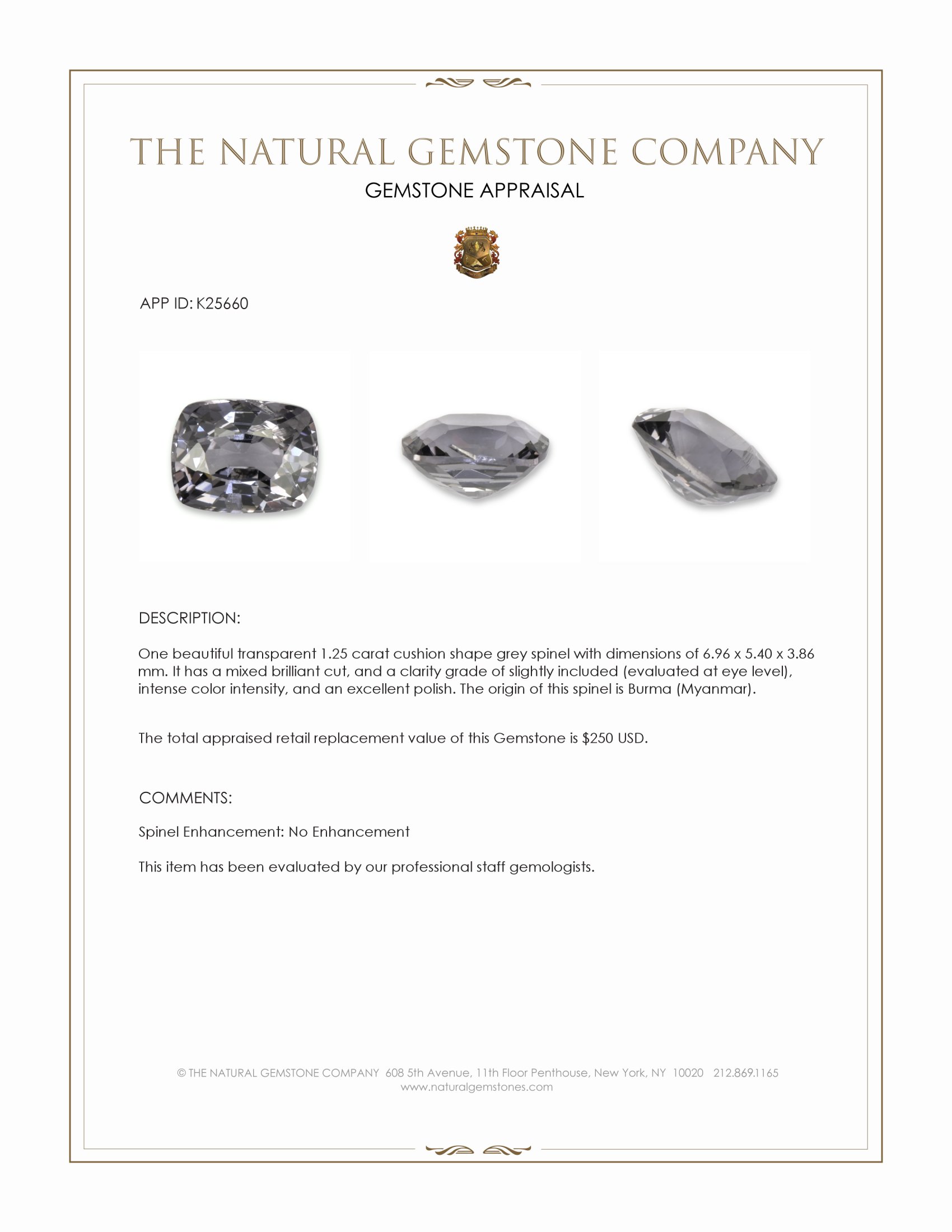 1.25 Ct. Grey Spinel from Burma (Myanmar)