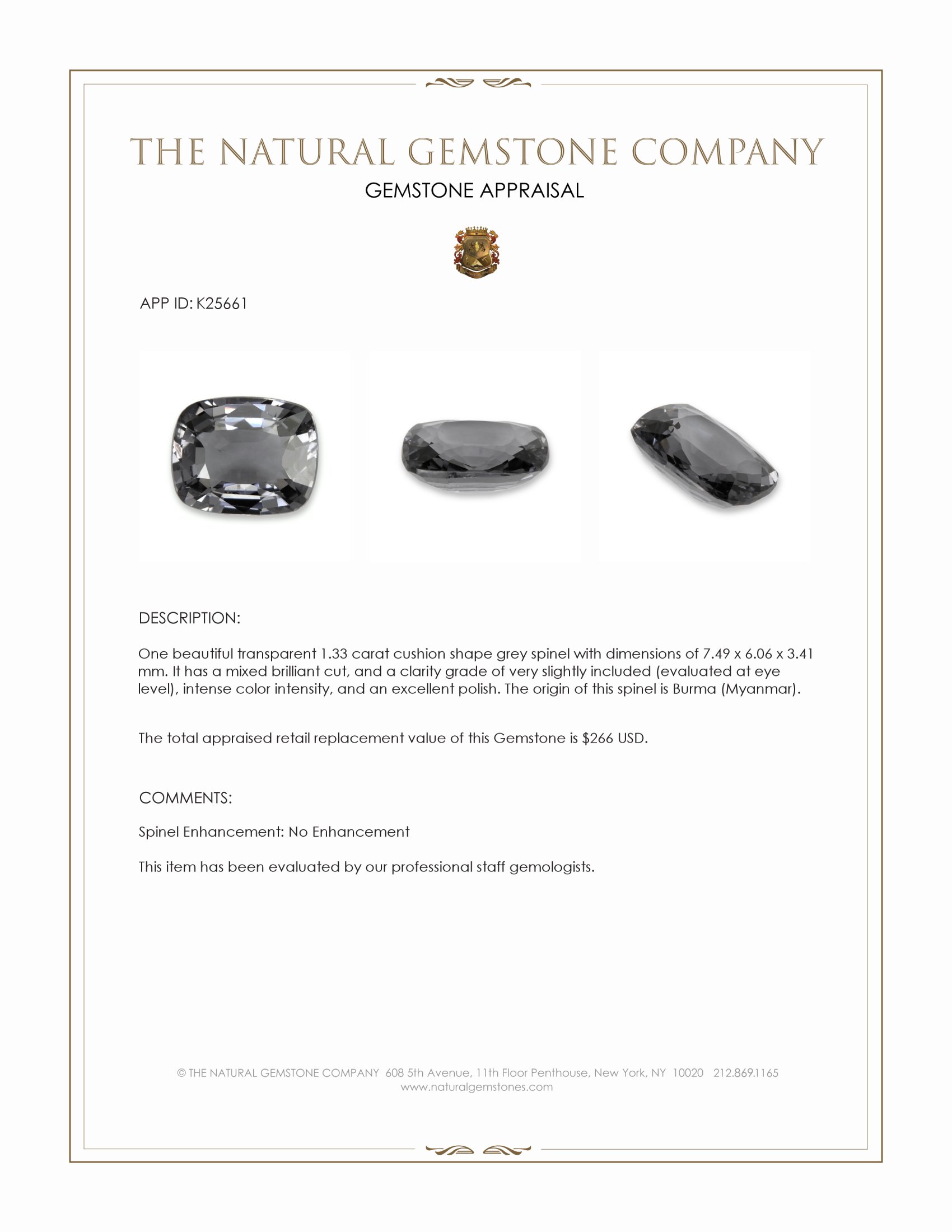 1.33 Ct. Grey Spinel from Burma (Myanmar)