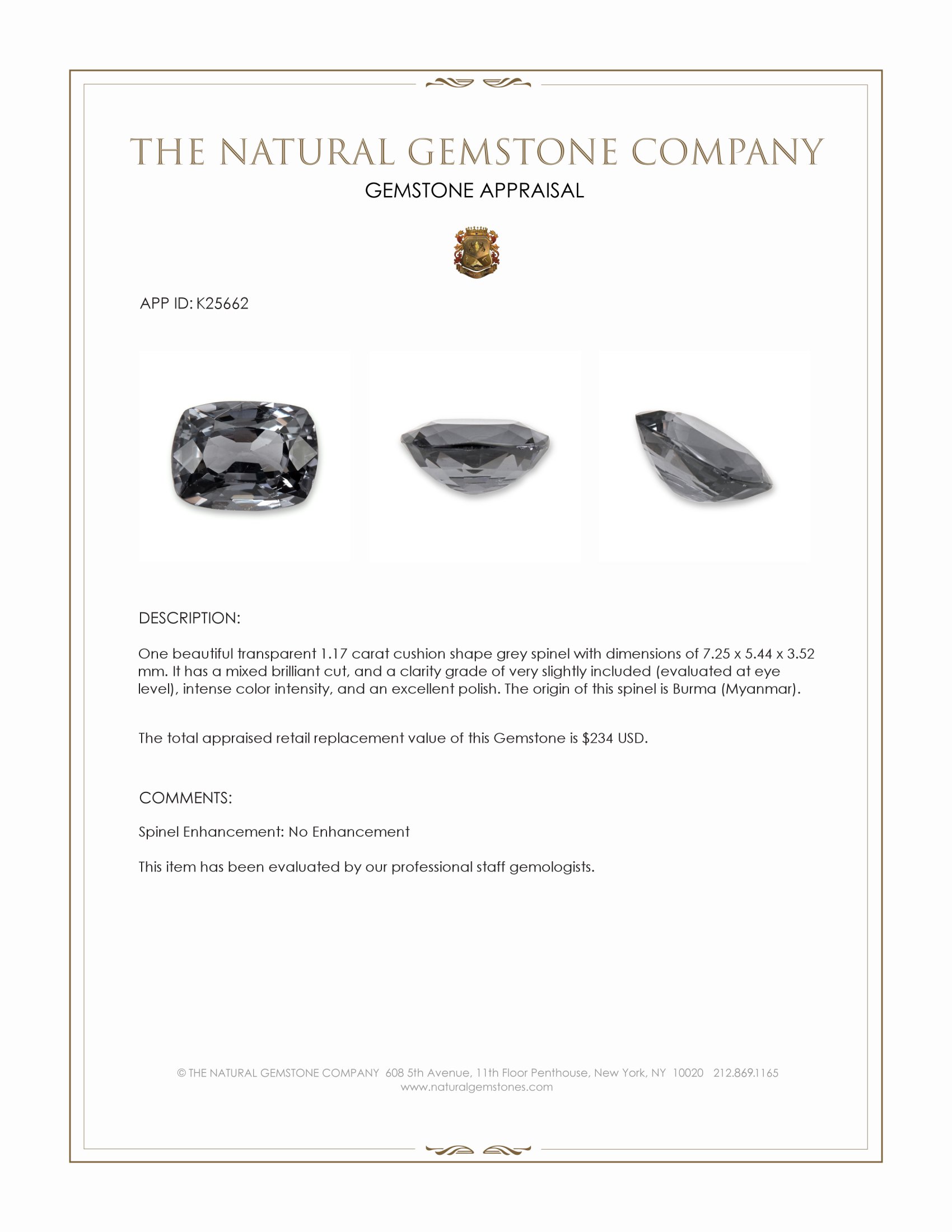 1.17 Ct. Grey Spinel from Burma (Myanmar)