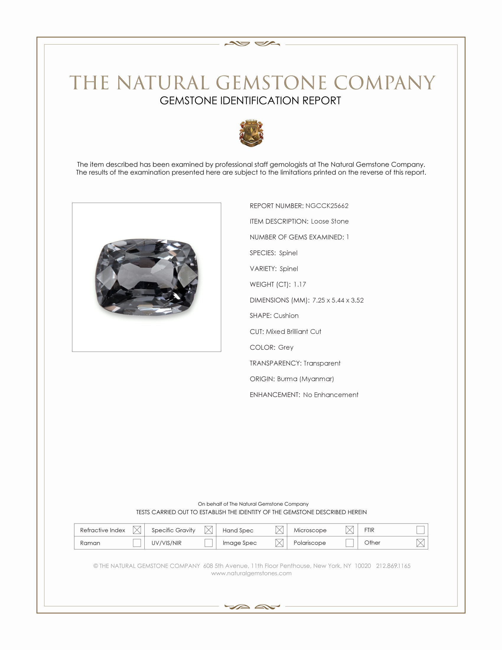 1.17 Ct. Grey Spinel from Burma (Myanmar)