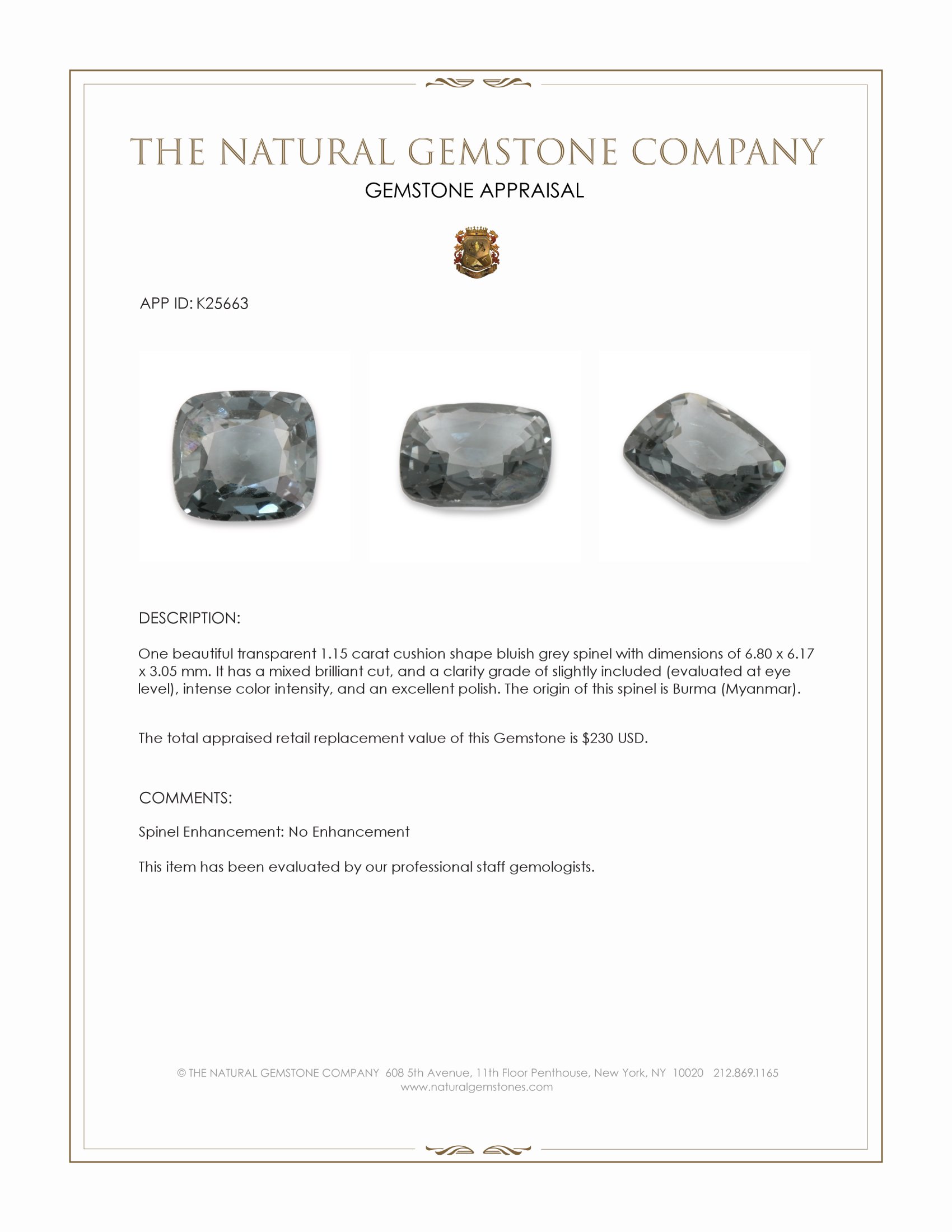1.15 Ct. Bluish Grey Spinel from Burma (Myanmar)