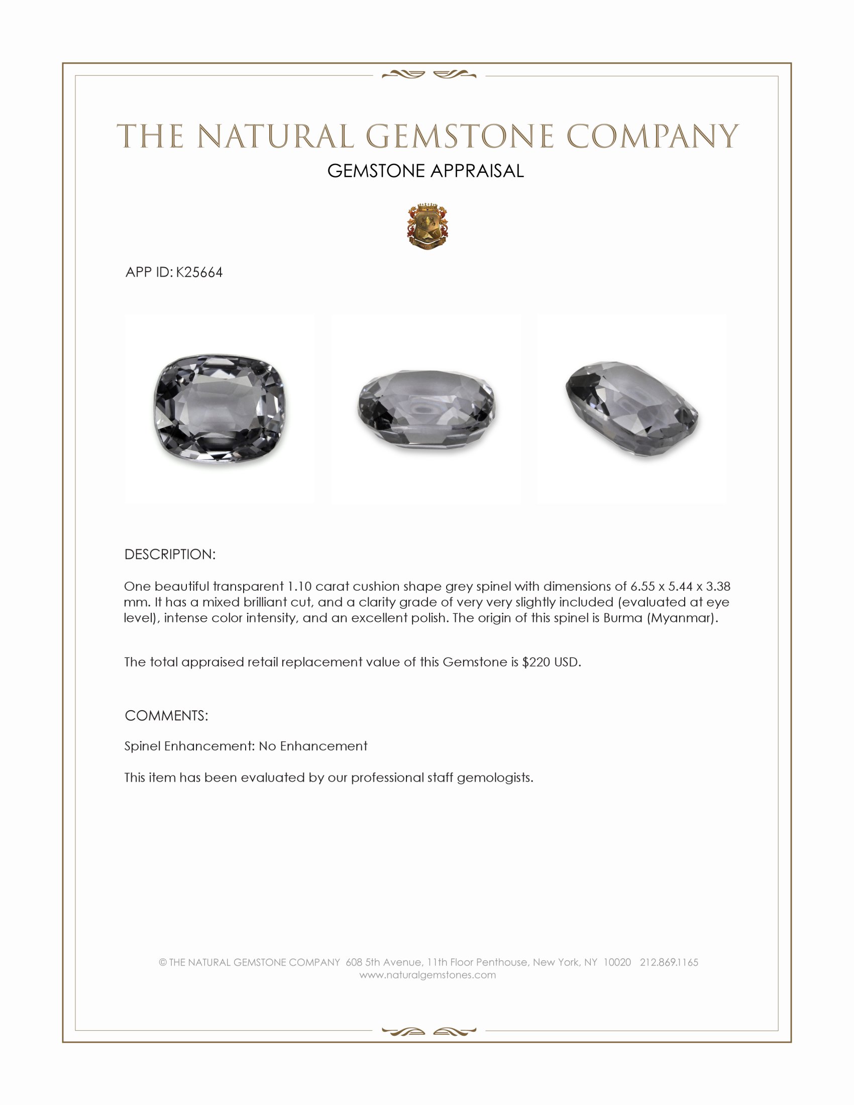 1.10 Ct. Grey Spinel from Burma (Myanmar)
