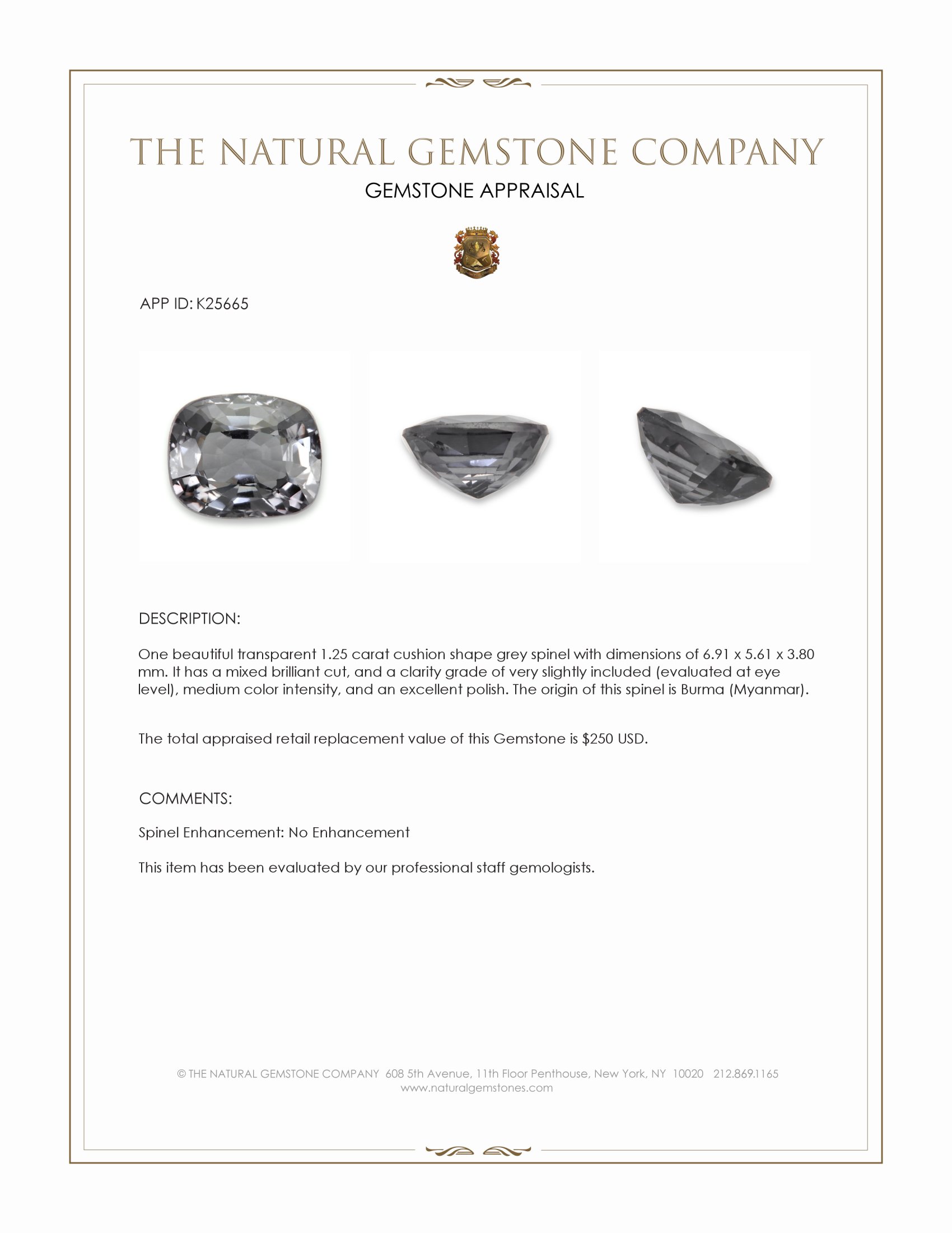 1.25 Ct. Grey Spinel from Burma (Myanmar)