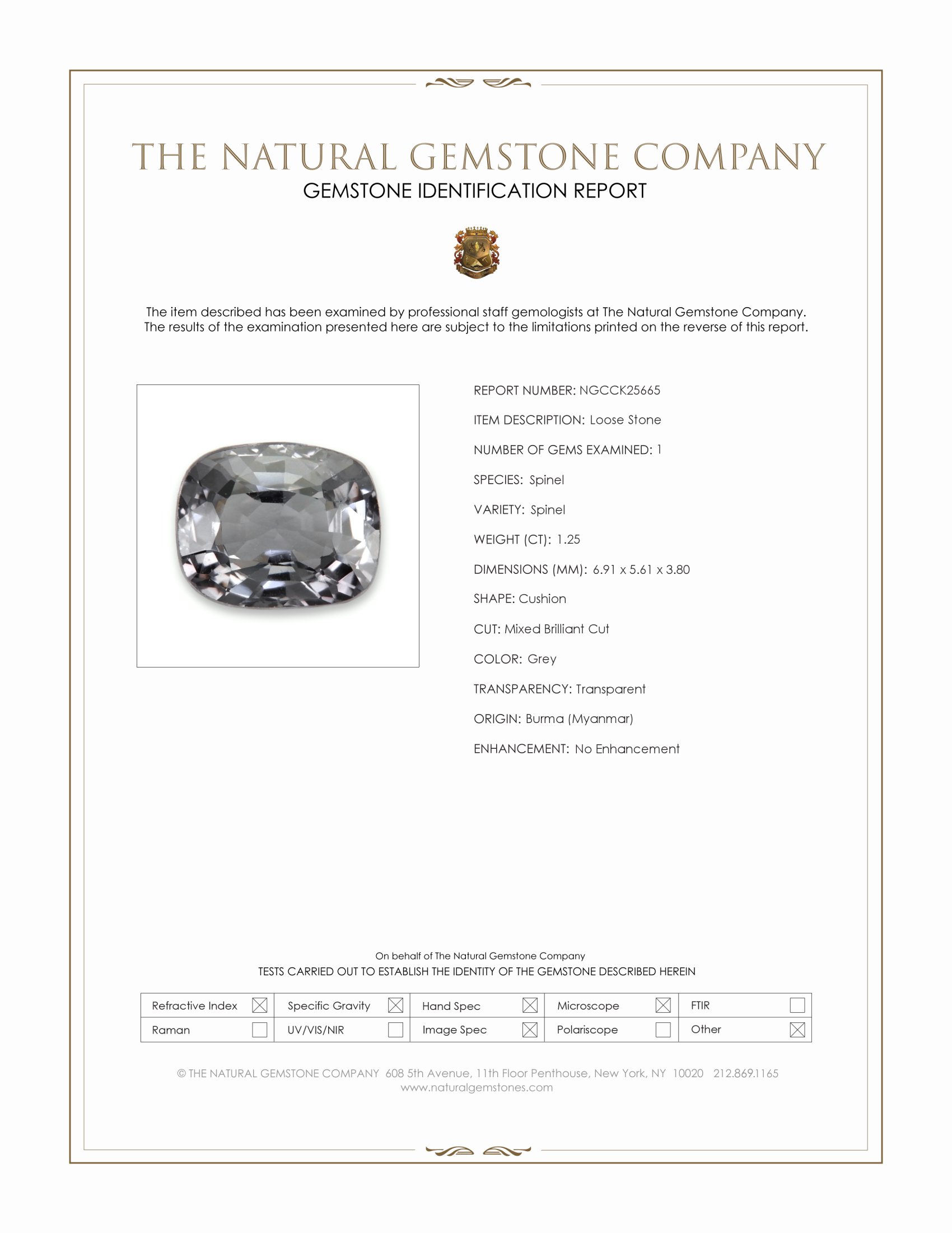 1.25 Ct. Grey Spinel from Burma (Myanmar)