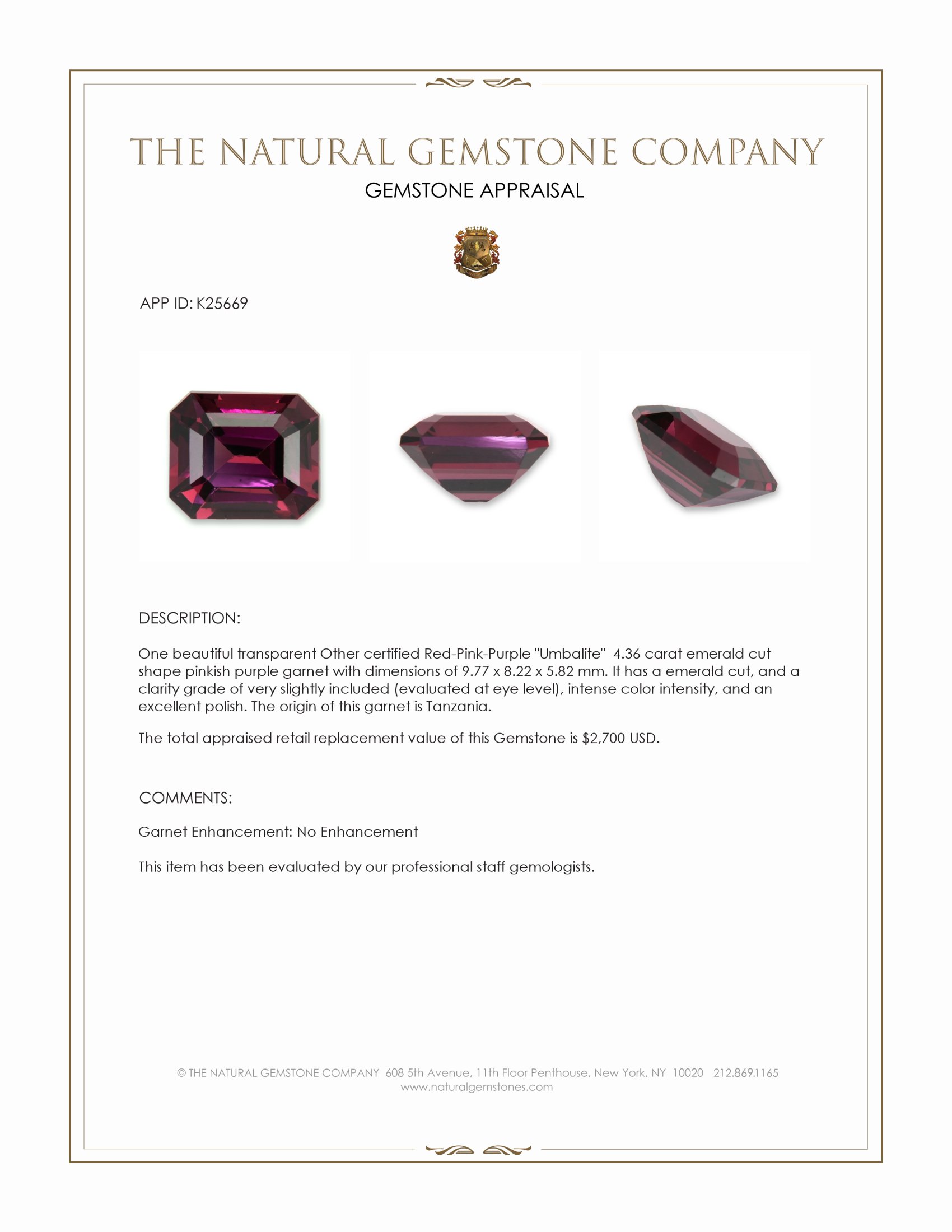 4.36 Ct. Pinkish Purple Garnet from Tanzania
