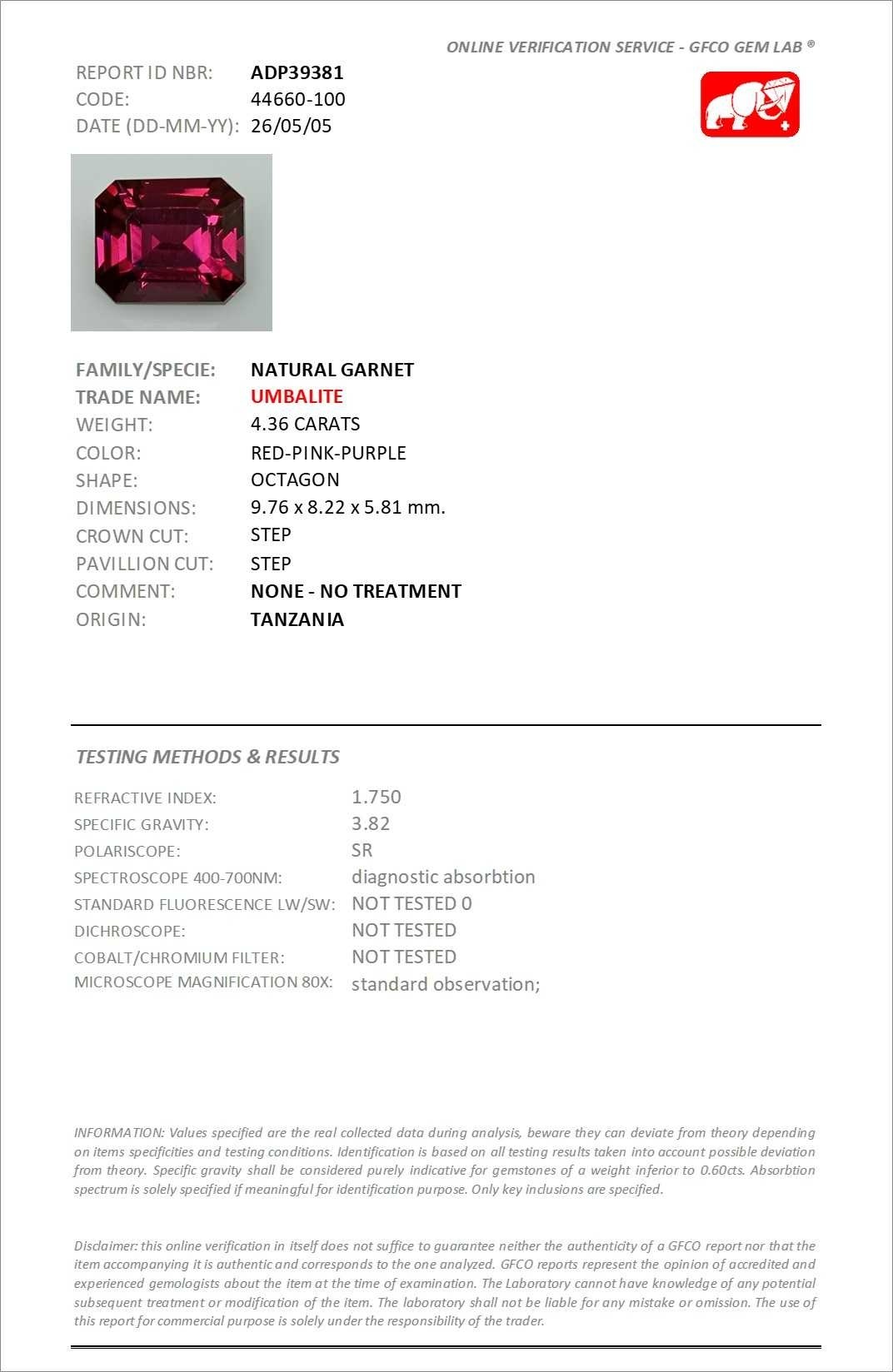 4.36 Ct. Pinkish Purple Garnet from Tanzania