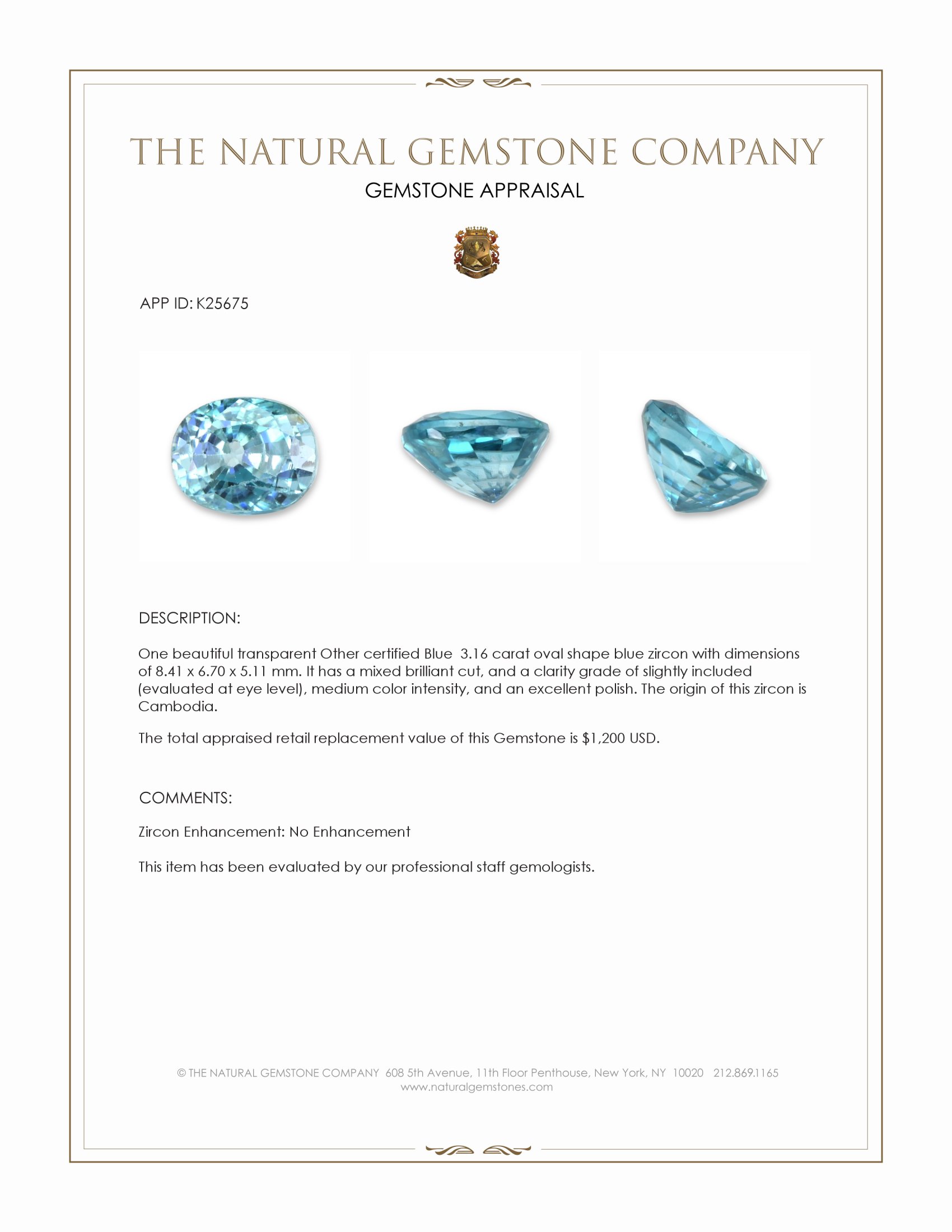 3.16 Ct. Blue Zircon from Cambodia