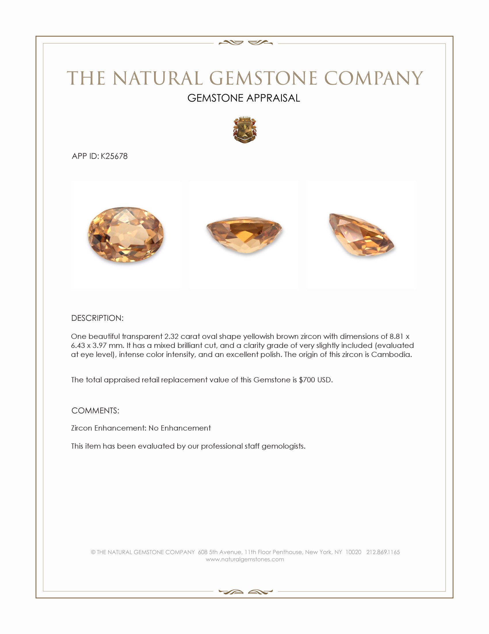 2.32 Ct. Yellowish Brown Zircon from Cambodia