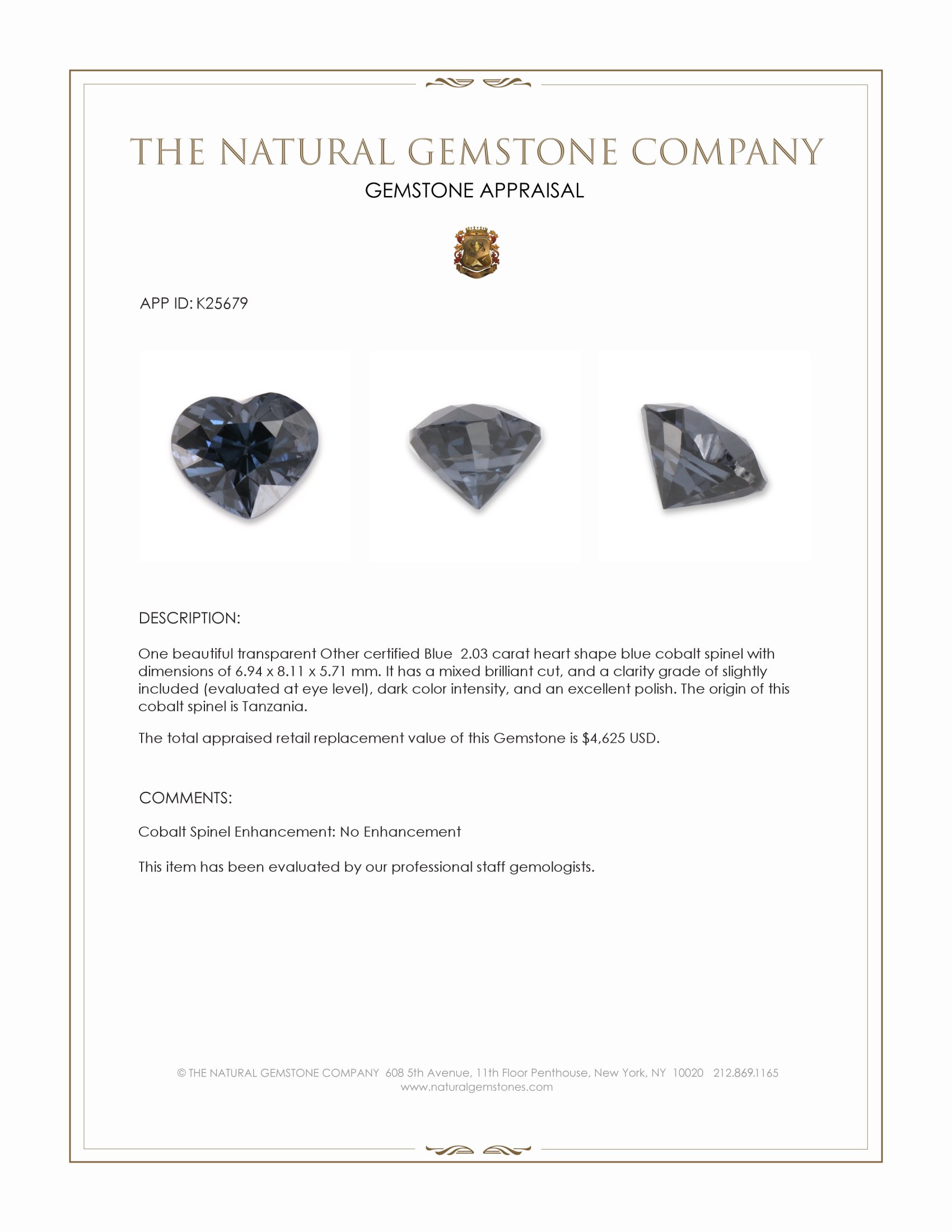 2.03 Ct. Blue Cobalt Spinel from Tanzania