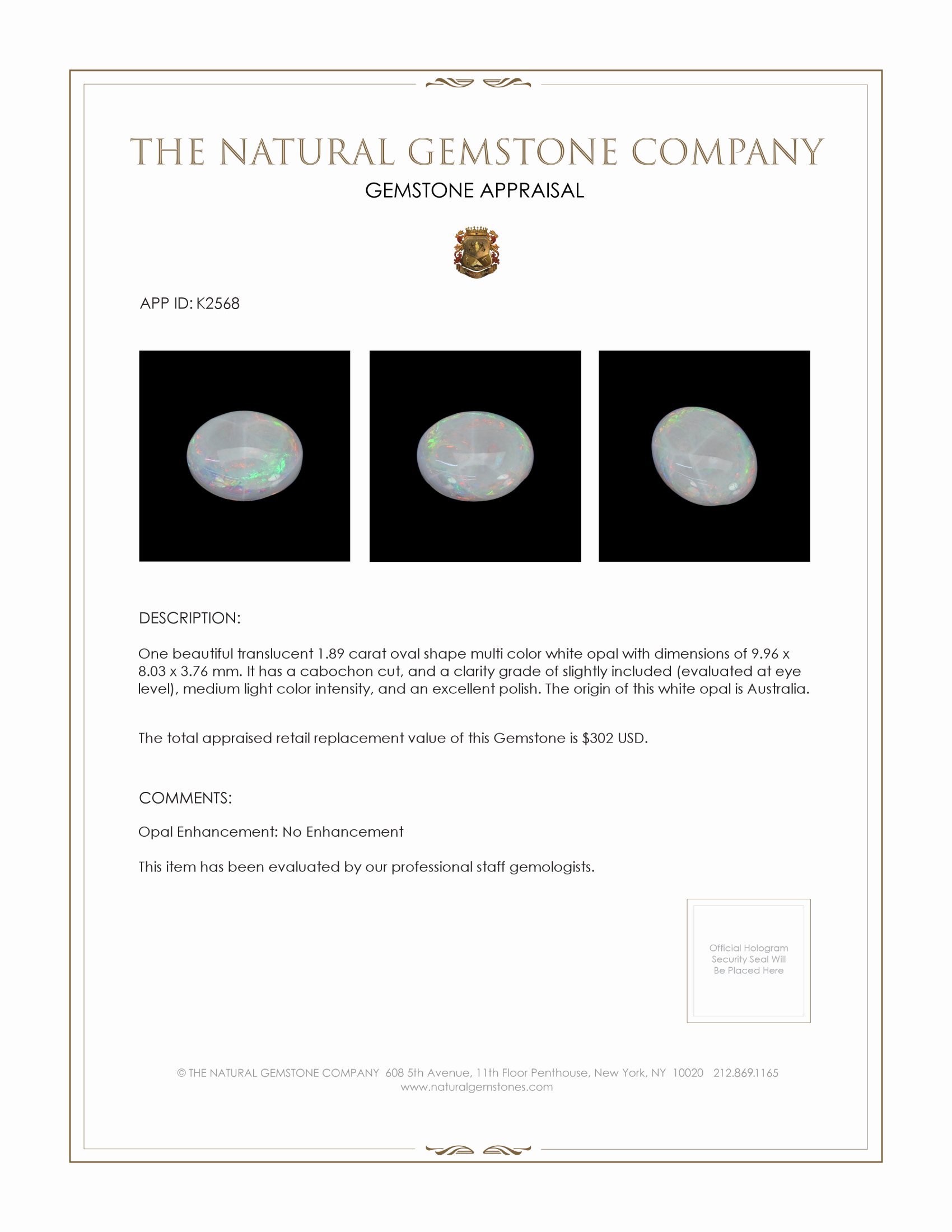 1.89 Ct. Cabochon White Opal from Australia