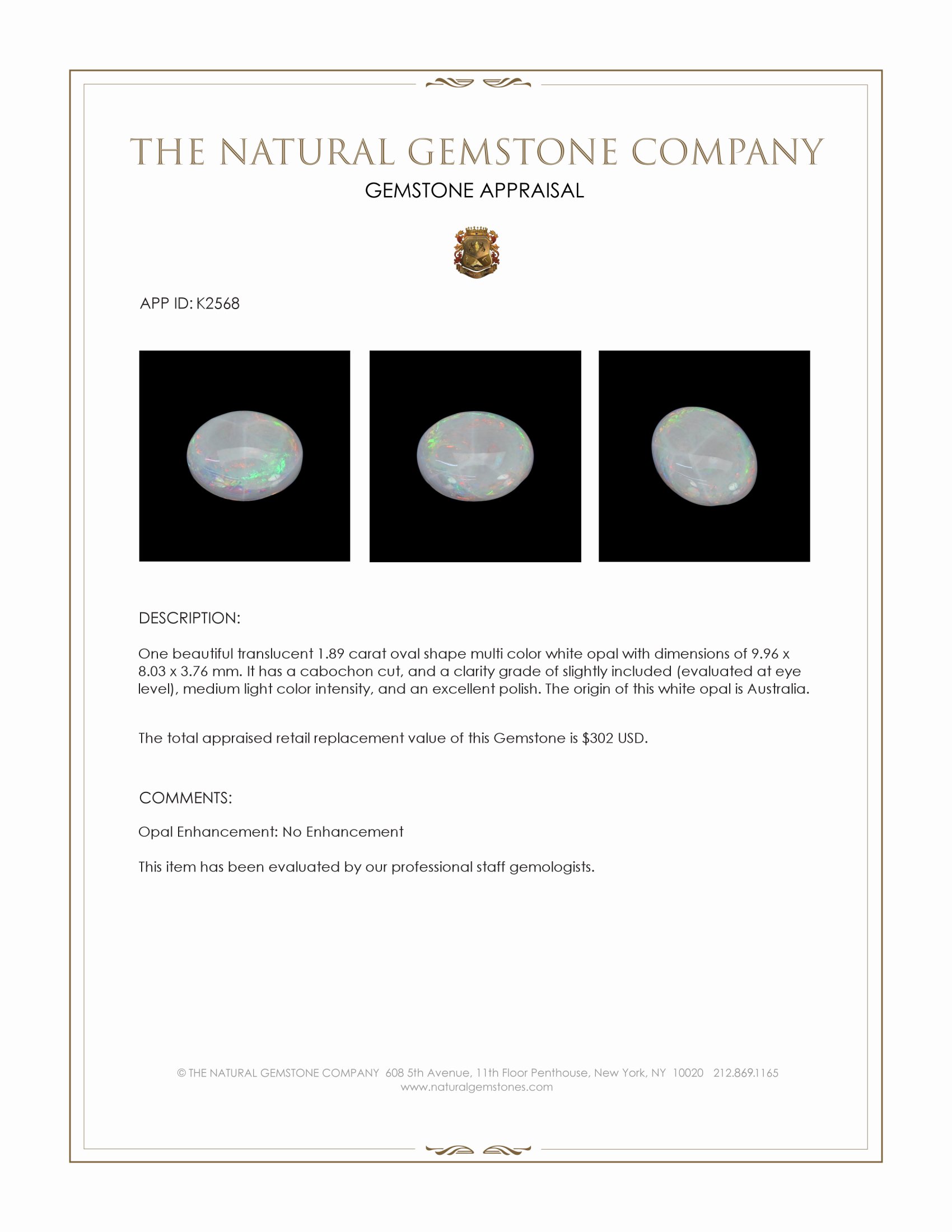 1.89 Ct. Cabochon White Opal from Australia