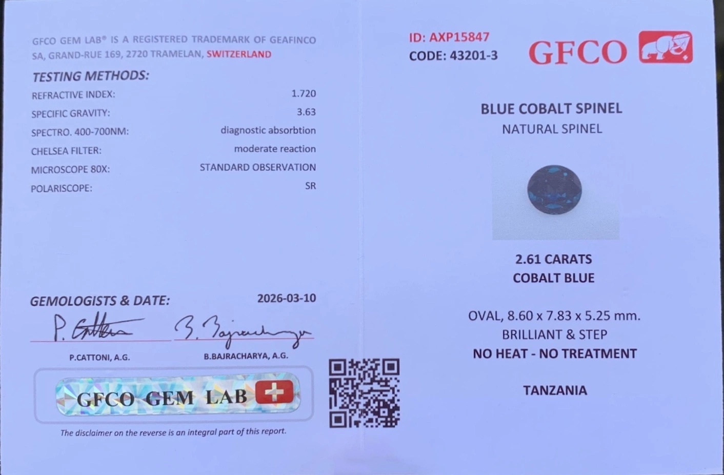 2.61 Ct. Blue Cobalt Spinel from Tanzania
