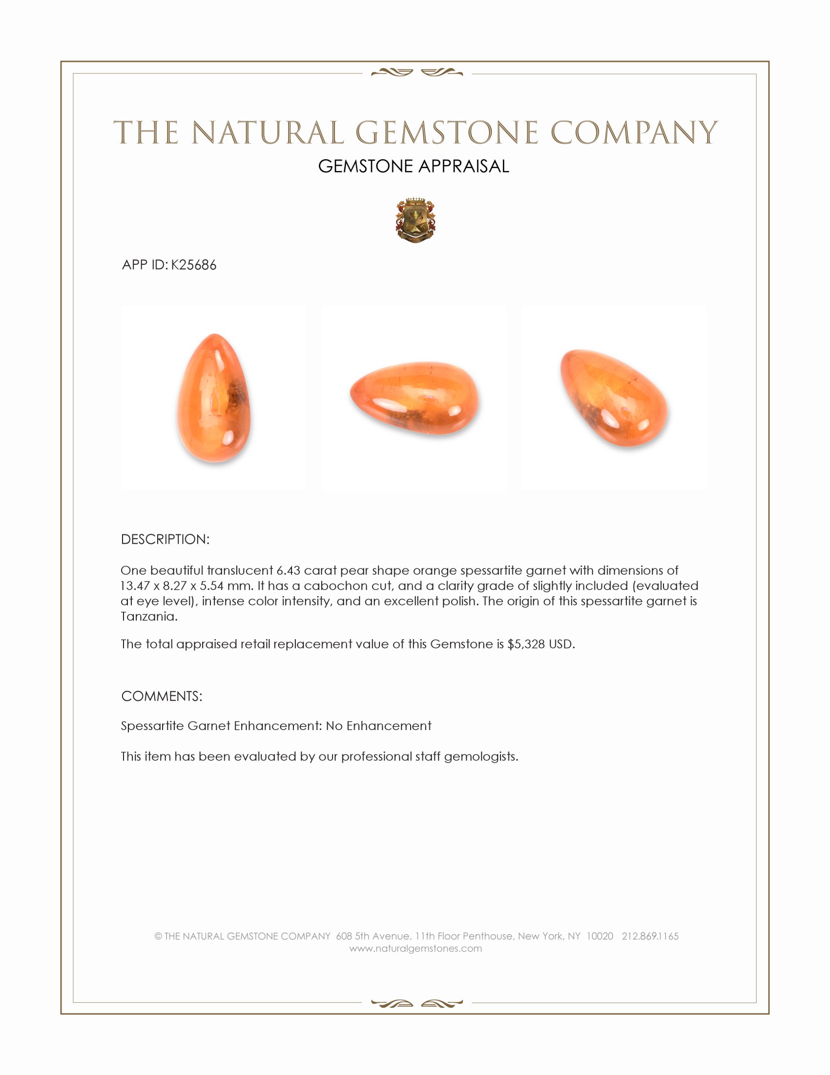 6.43 Ct. Orange Cabochon Spessartite Garnet from Tanzania