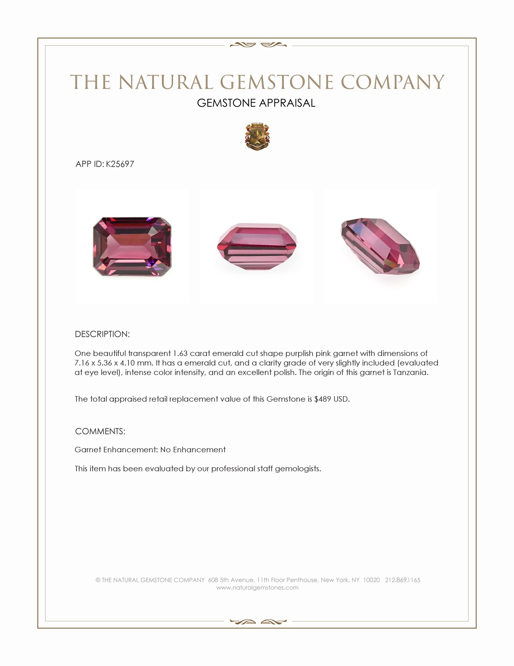 1.63 Ct. Purplish Pink Garnet from Tanzania