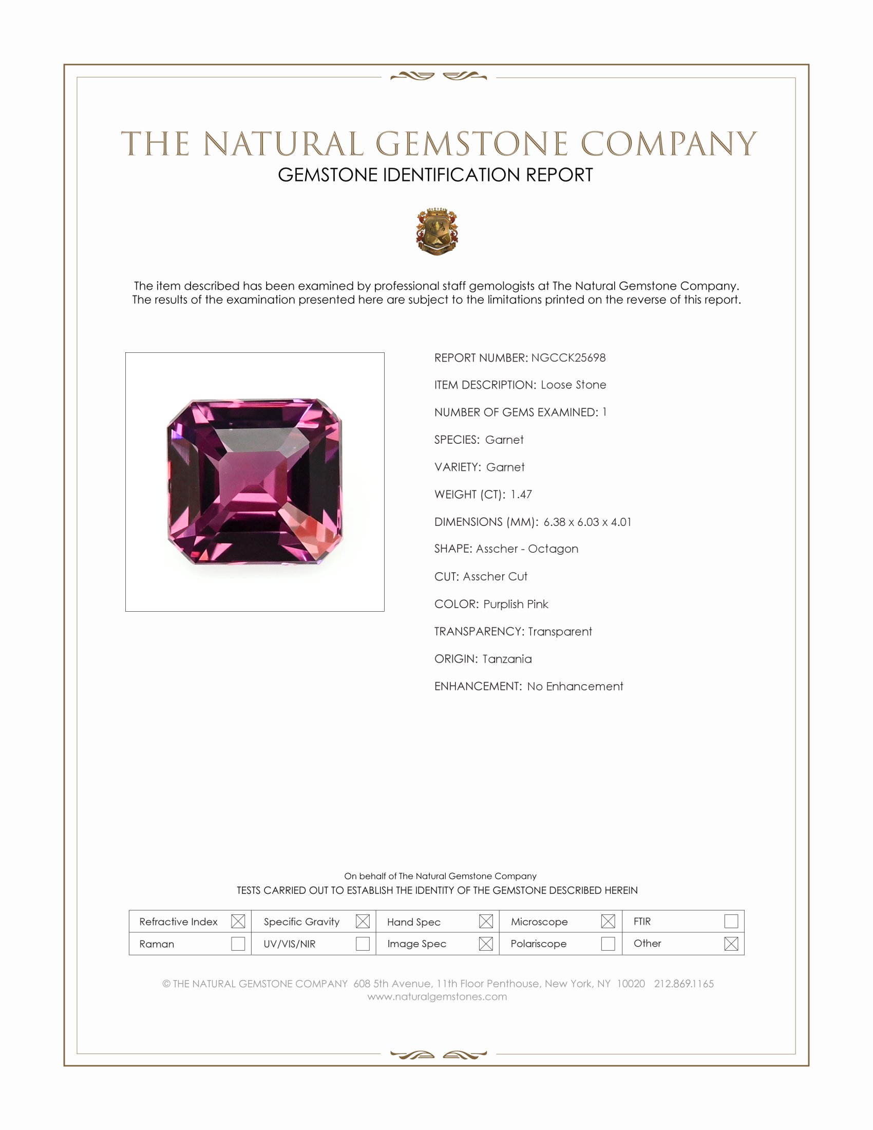 1.47 Ct. Purplish Pink Garnet from Tanzania