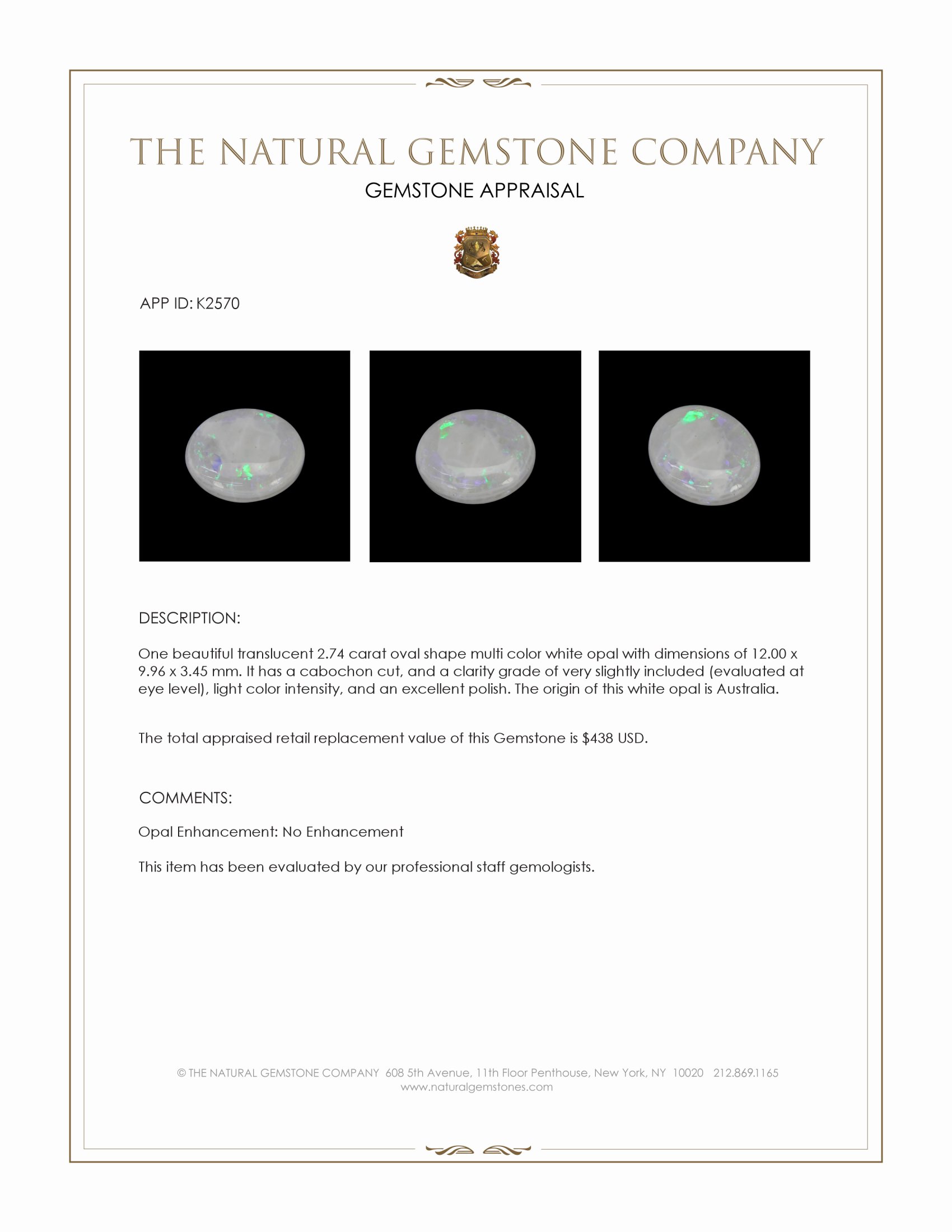 2.74 Ct. Cabochon White Opal from Australia