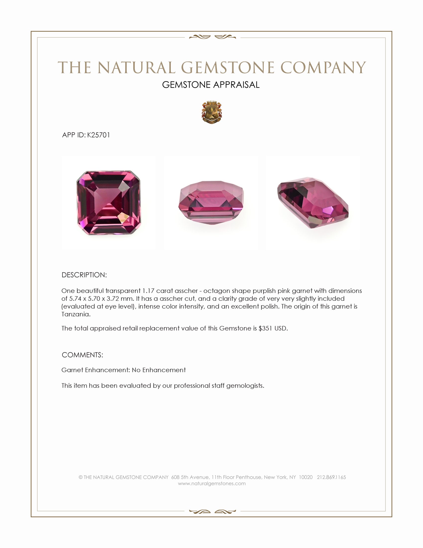 1.17 Ct. Purplish Pink Garnet from Tanzania