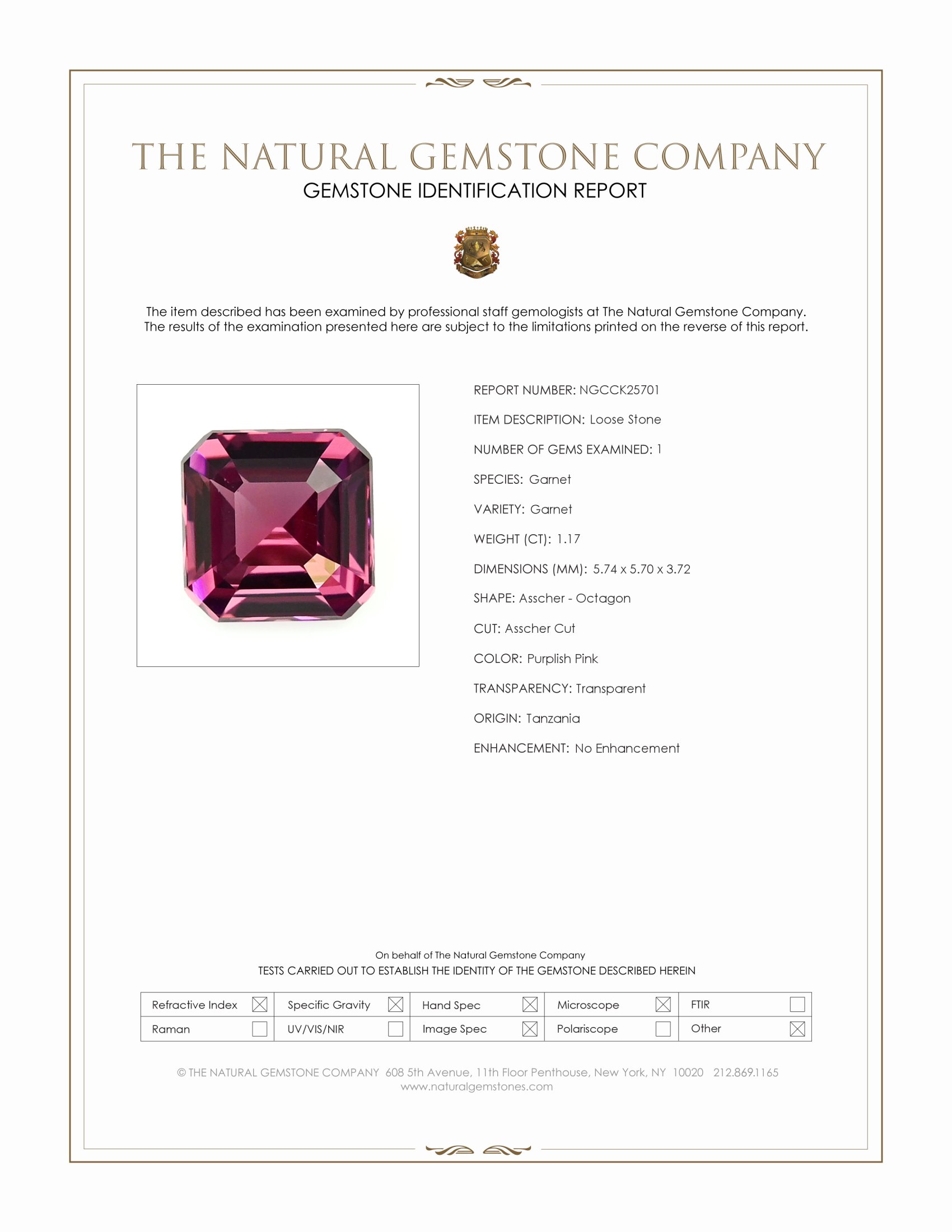 1.17 Ct. Purplish Pink Garnet from Tanzania
