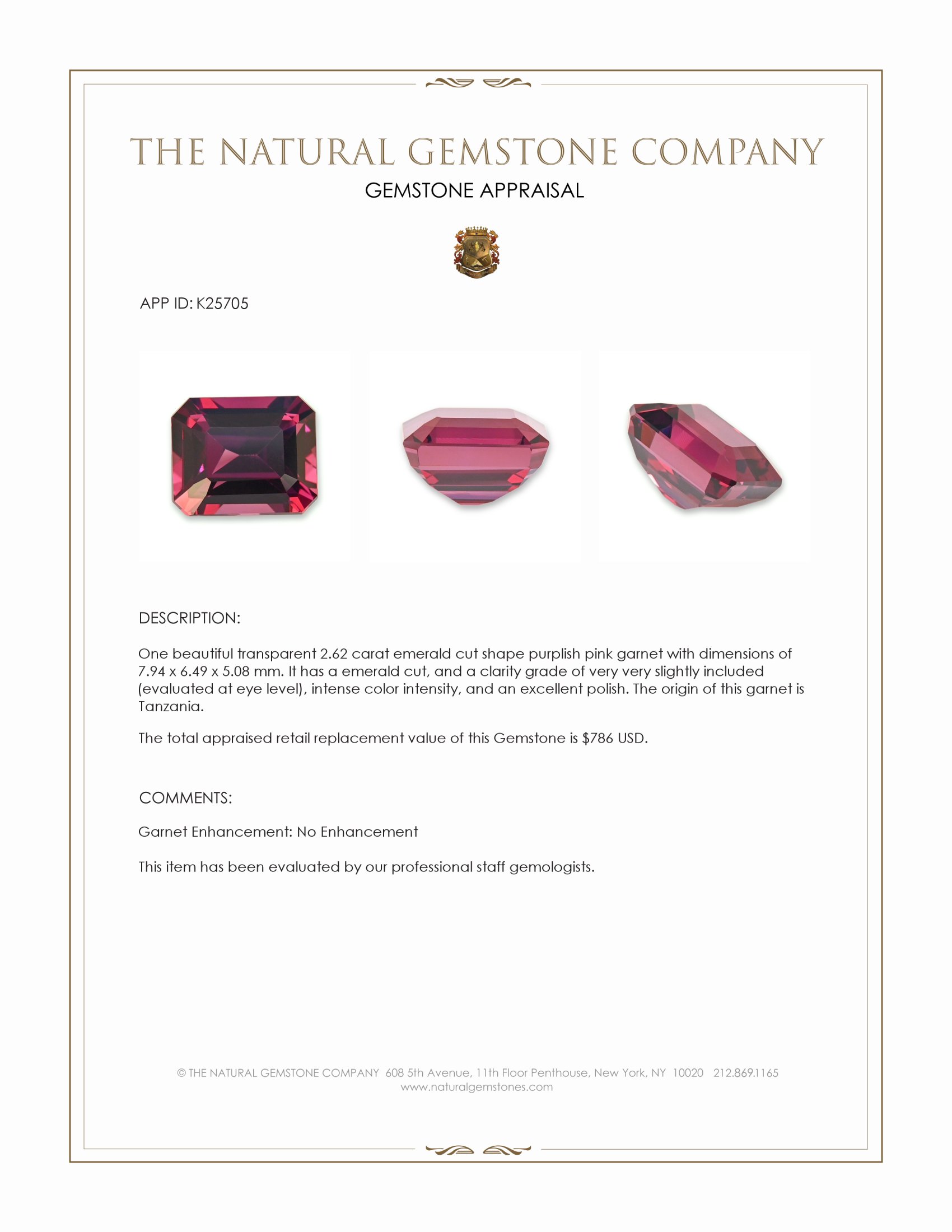 2.62 Ct. Purplish Pink Garnet from Tanzania
