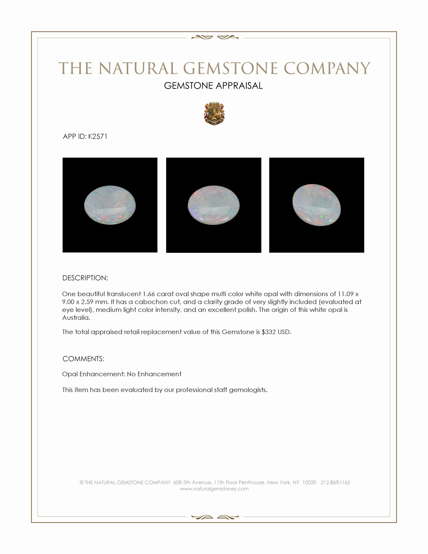 1.66 Ct. Cabochon White Opal from Australia