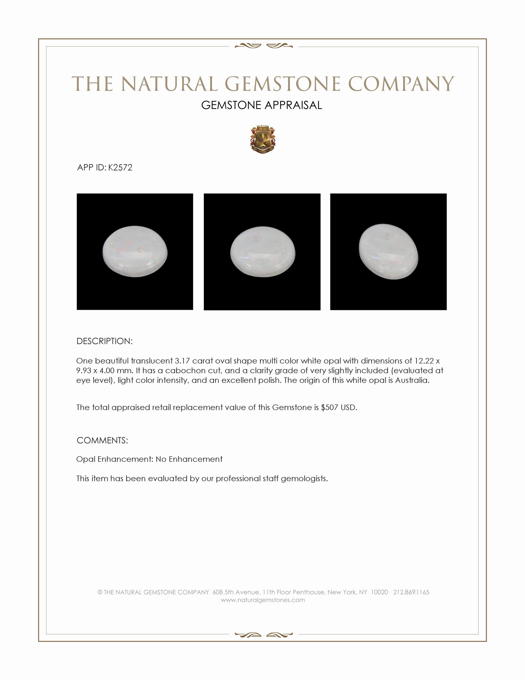 3.17 Ct. Cabochon White Opal from Australia