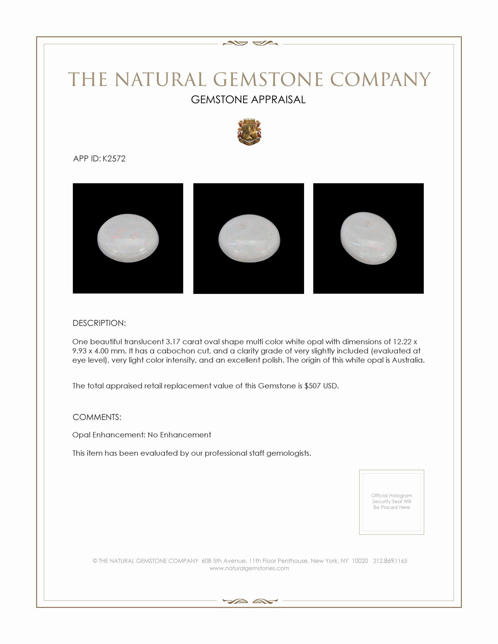 3.17 Ct. Cabochon White Opal from Australia