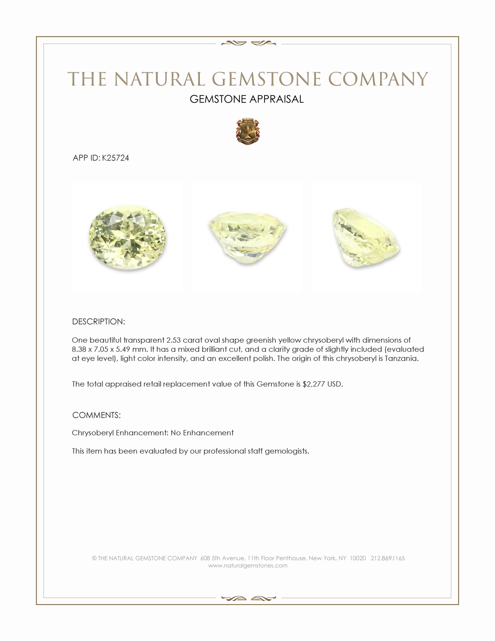 2.53 Ct. Greenish Yellow Chrysoberyl from Tanzania