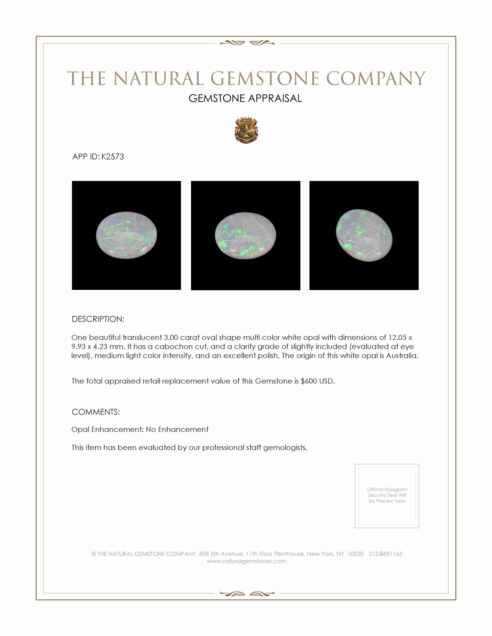 3.00 Ct. Cabochon White Opal from Australia