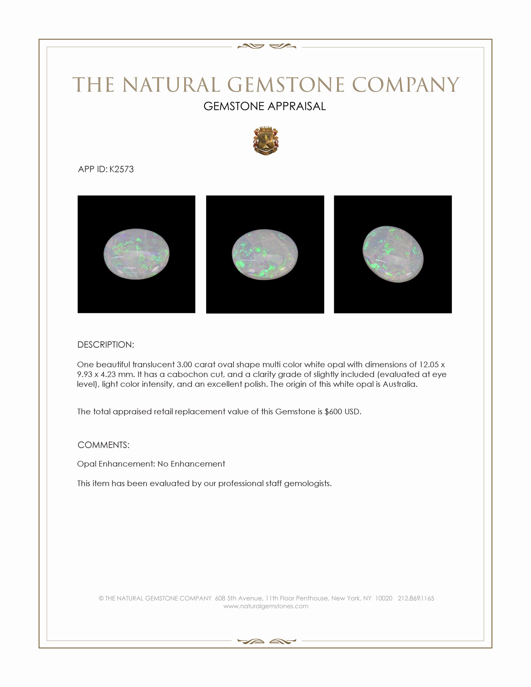 3.00 Ct. Cabochon White Opal from Australia