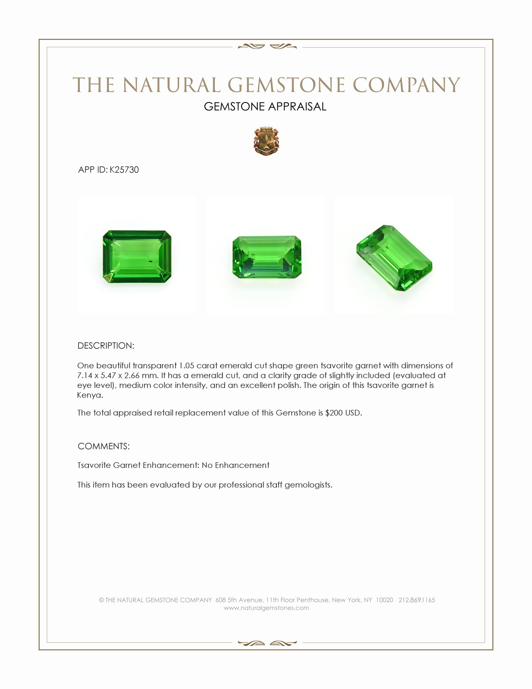 1.05 Ct. Tsavorite Garnet from Kenya