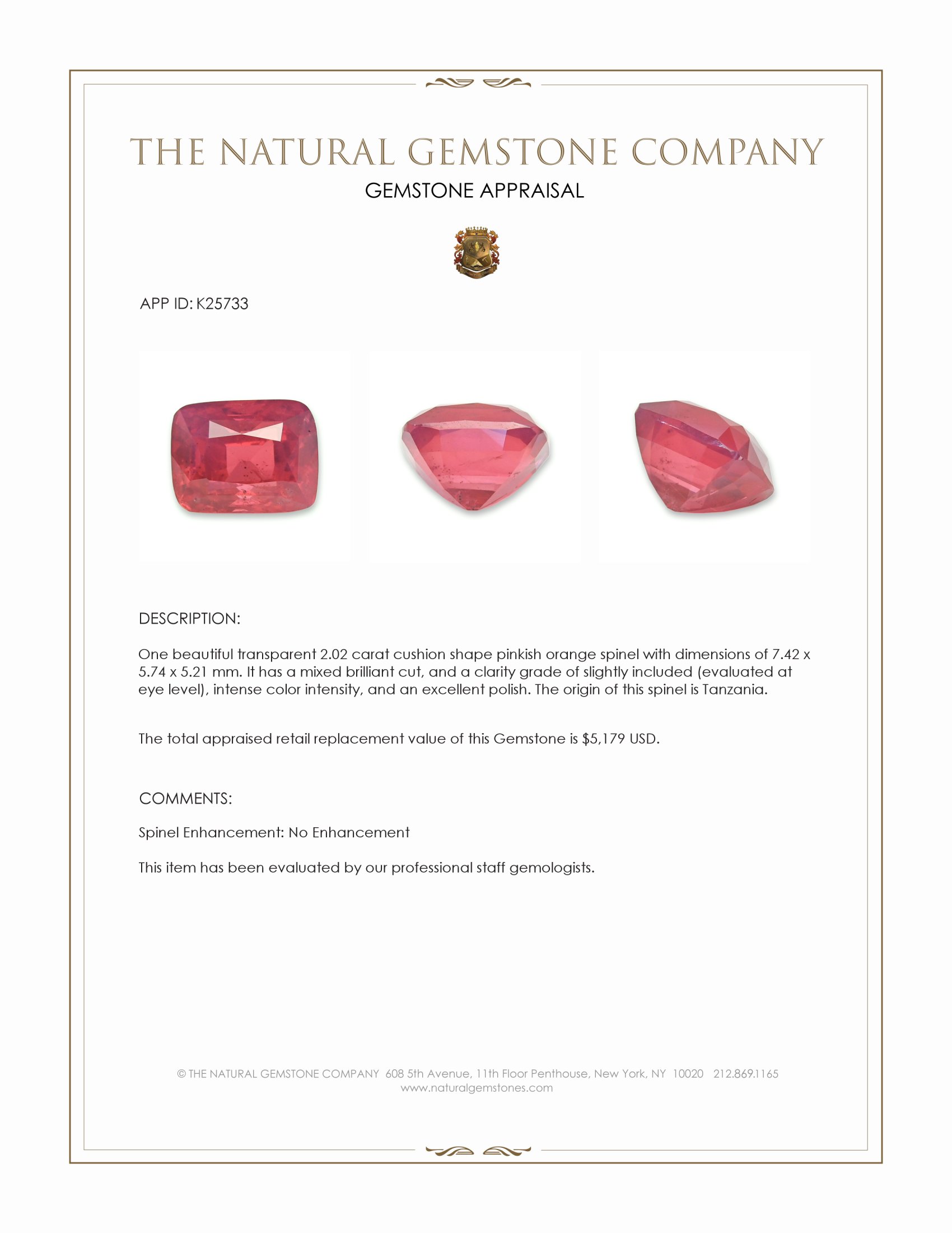 2.02 Ct. Pinkish Orange Spinel from Tanzania