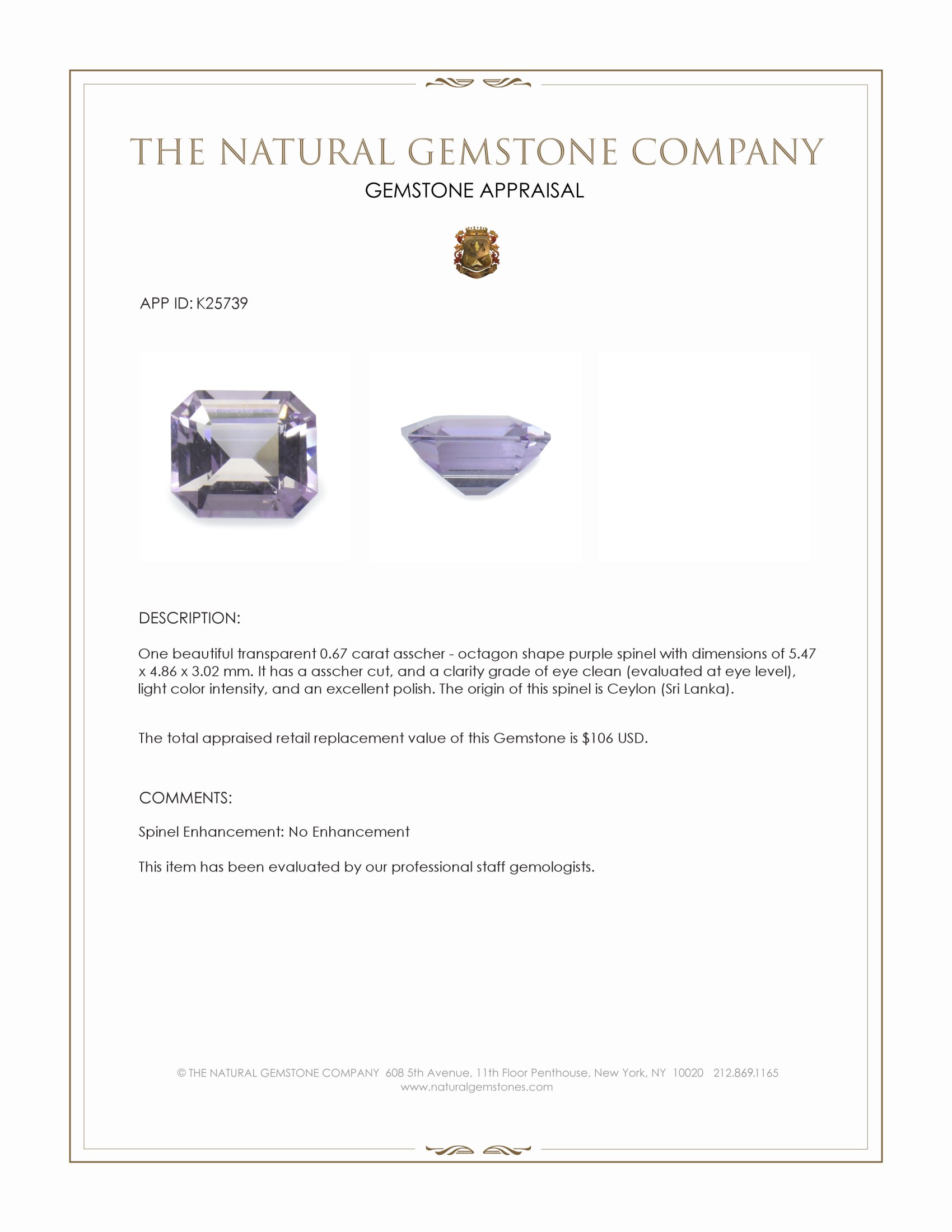 0.67 Ct. Purple Spinel from Ceylon (Sri Lanka)