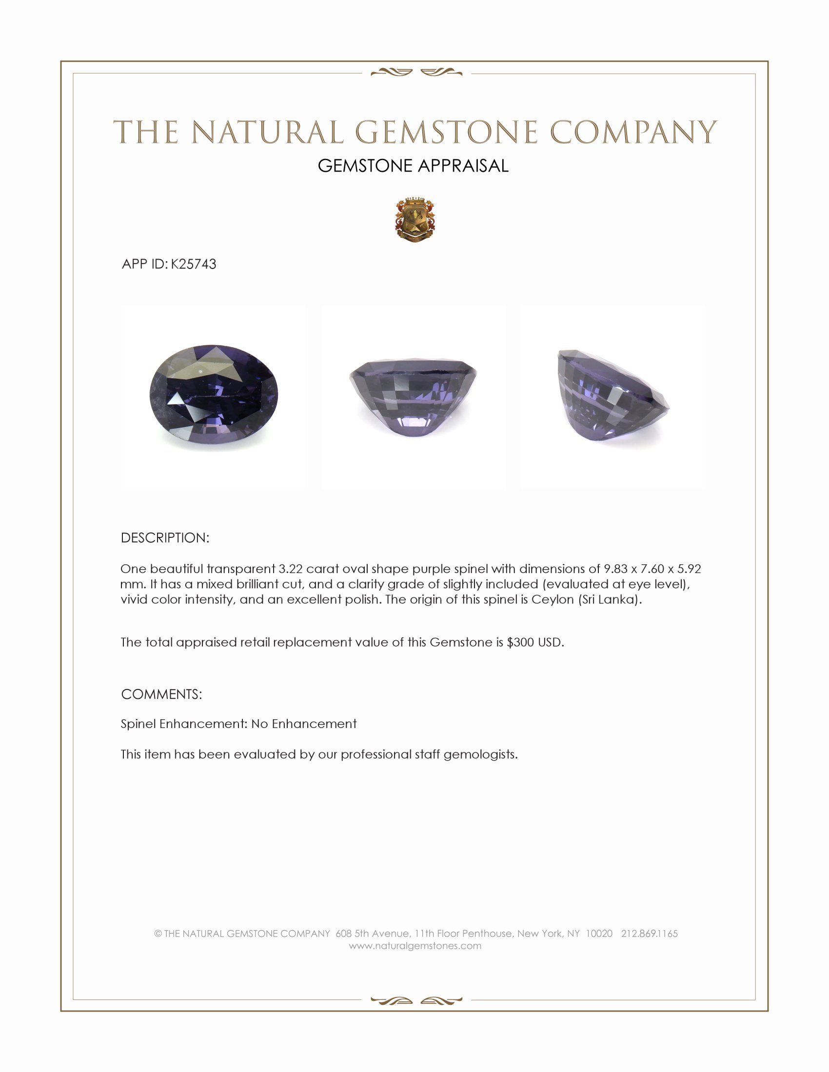 3.22 Ct. Purple Spinel from Ceylon (Sri Lanka)