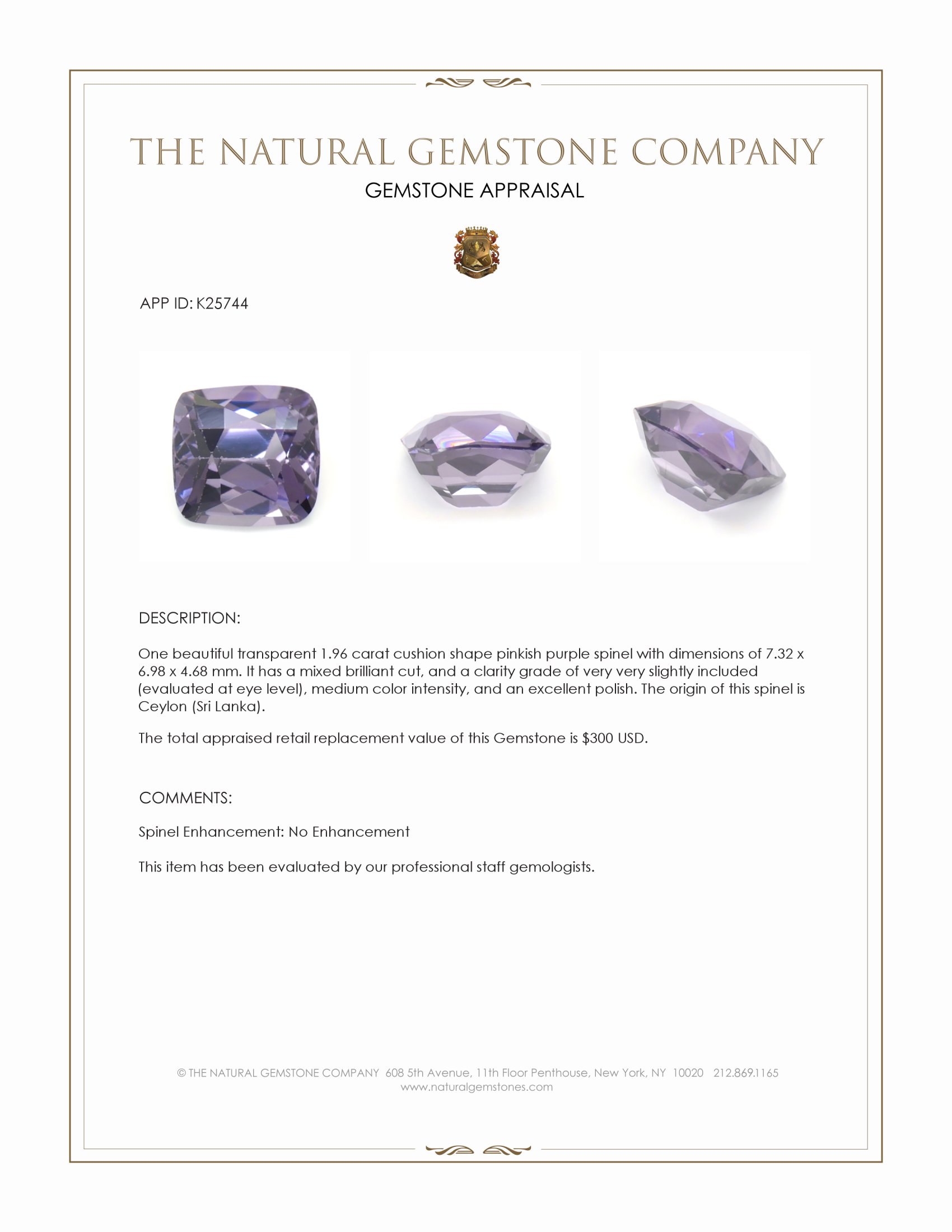 1.96 Ct. Pinkish Purple Spinel from Ceylon (Sri Lanka)