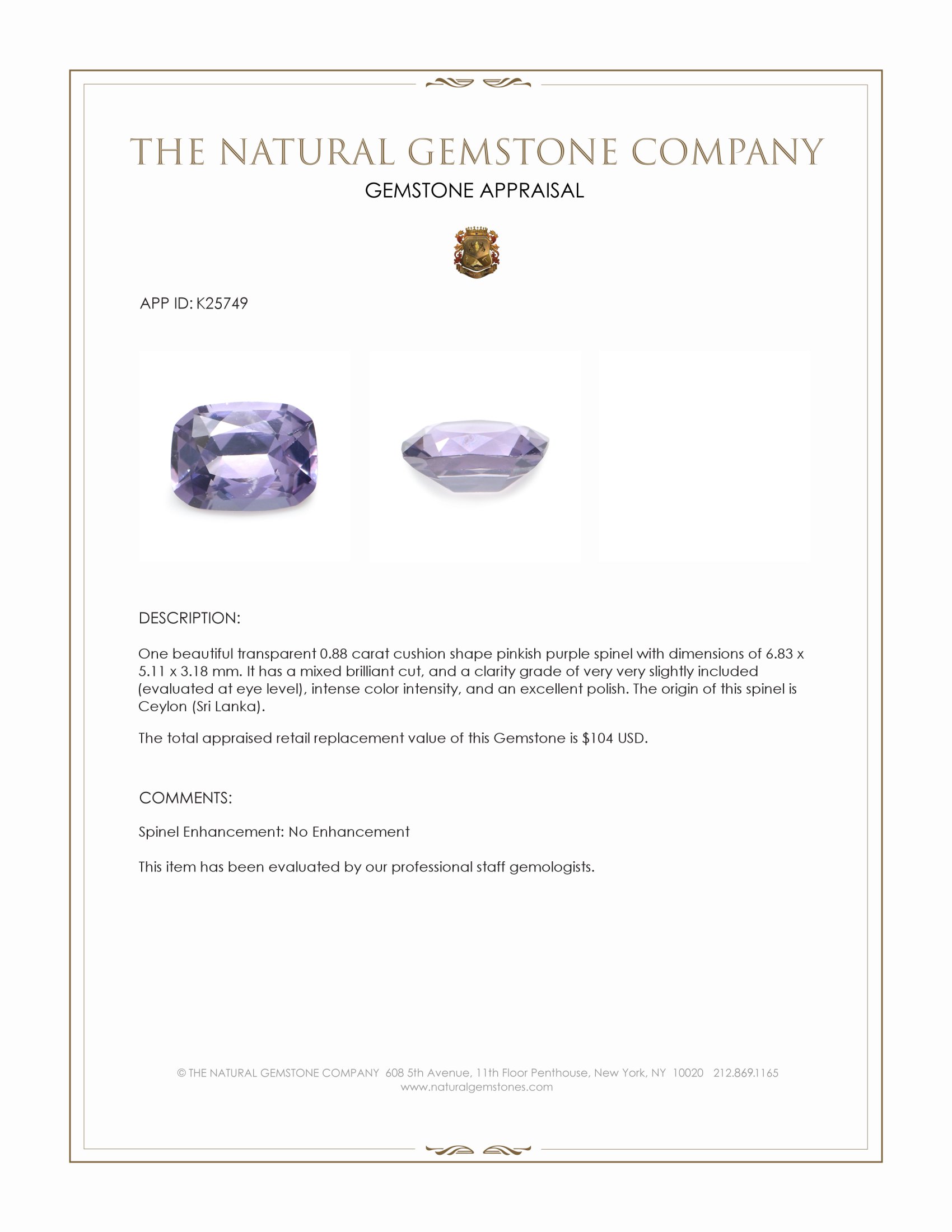 0.88 Ct. Pinkish Purple Spinel from Ceylon (Sri Lanka)