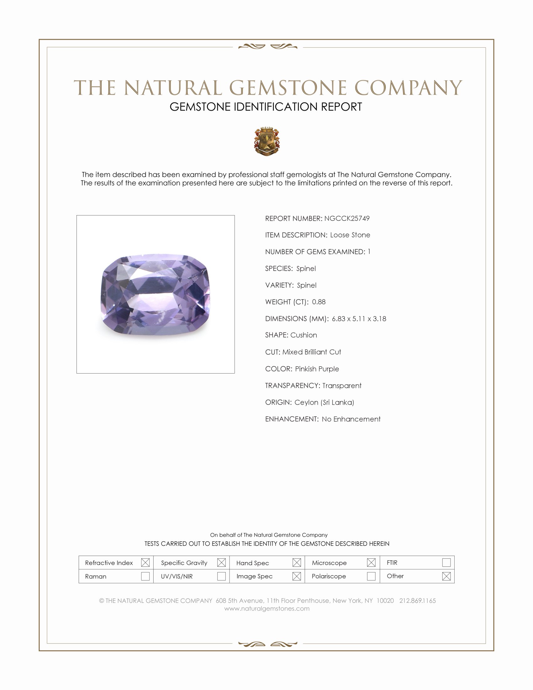 0.88 Ct. Pinkish Purple Spinel from Ceylon (Sri Lanka)