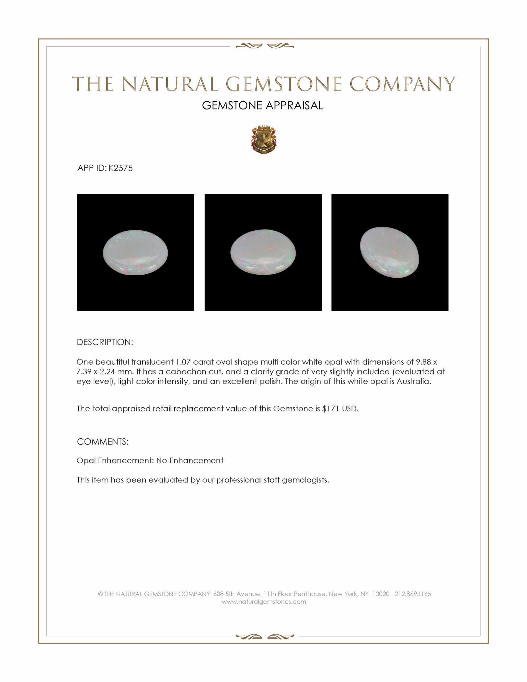 1.07 Ct. Cabochon White Opal from Australia