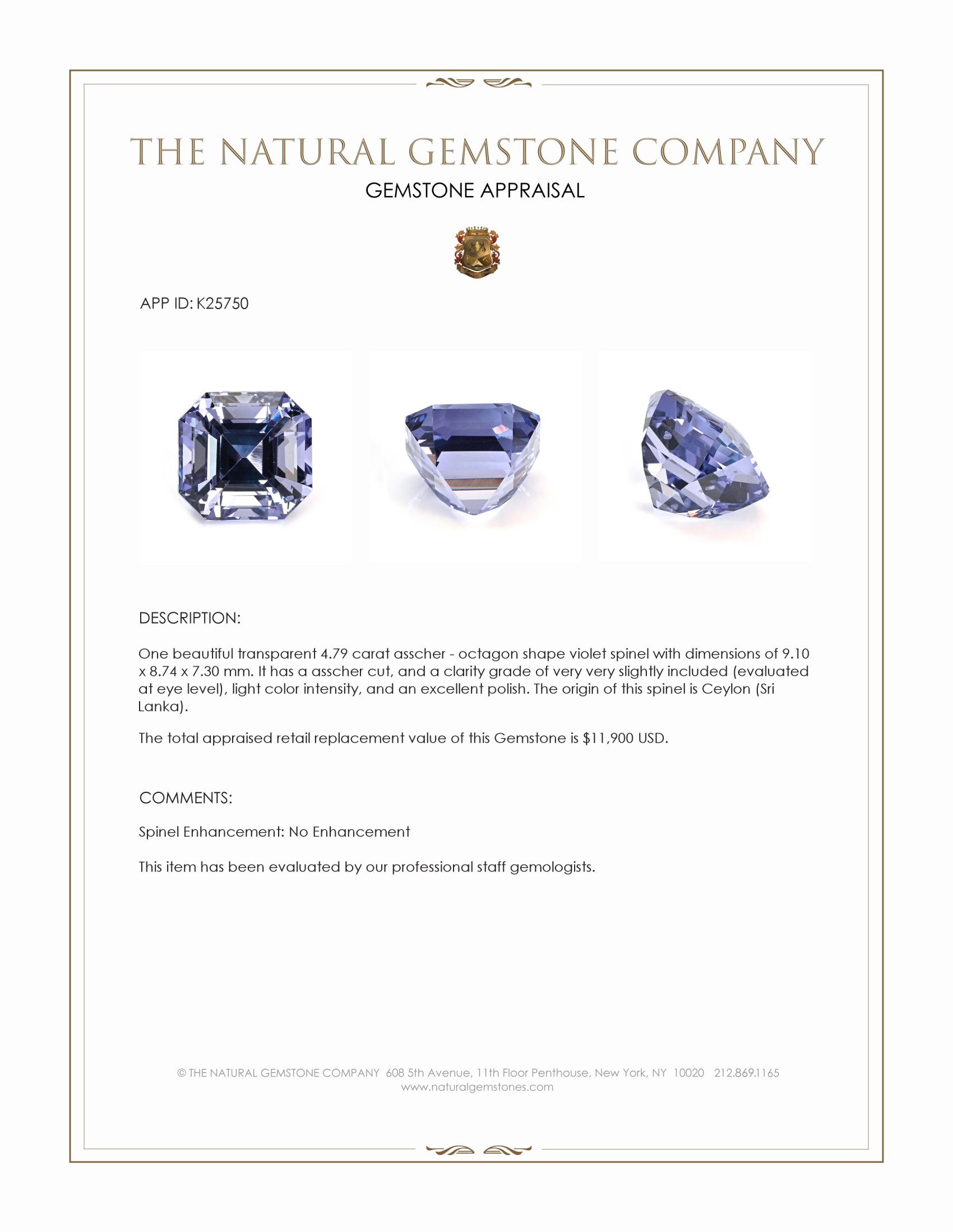 4.79 Ct. Violet Spinel from Ceylon (Sri Lanka)