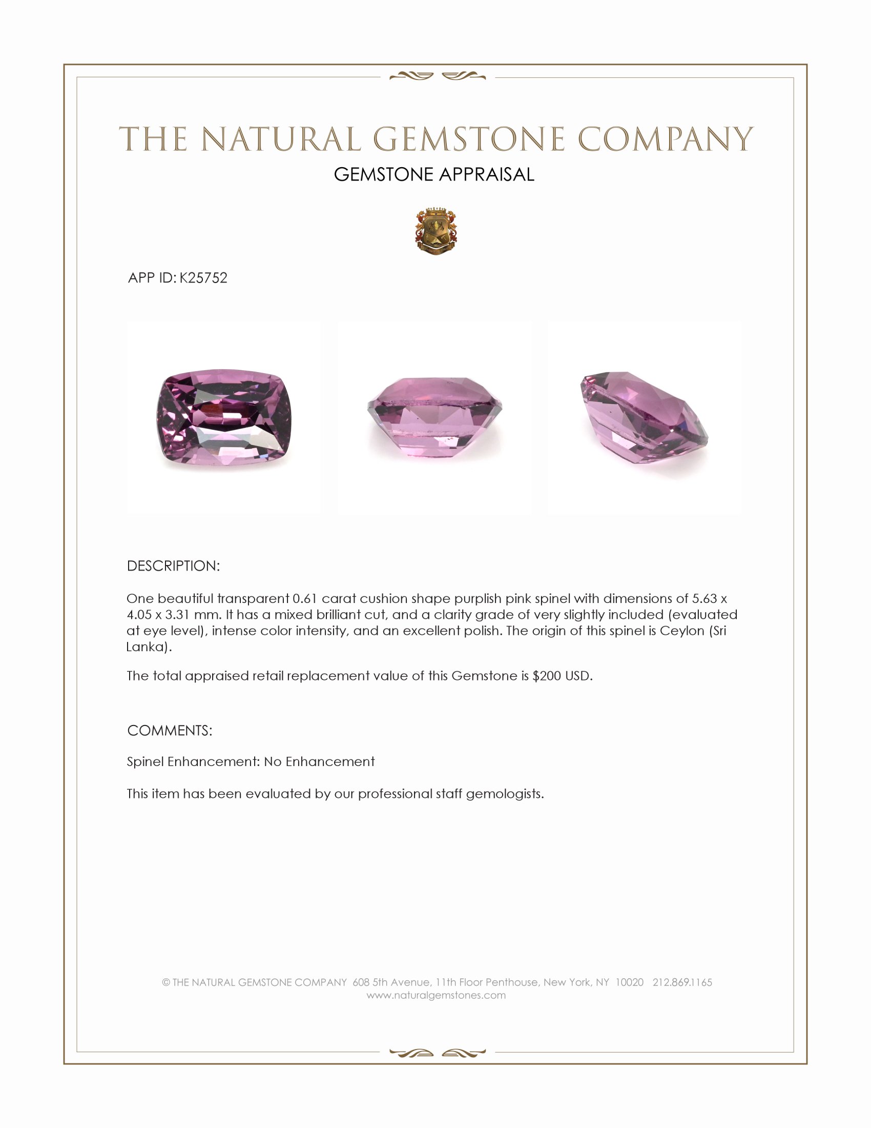 0.61 Ct. Purplish Pink Spinel from Ceylon (Sri Lanka)