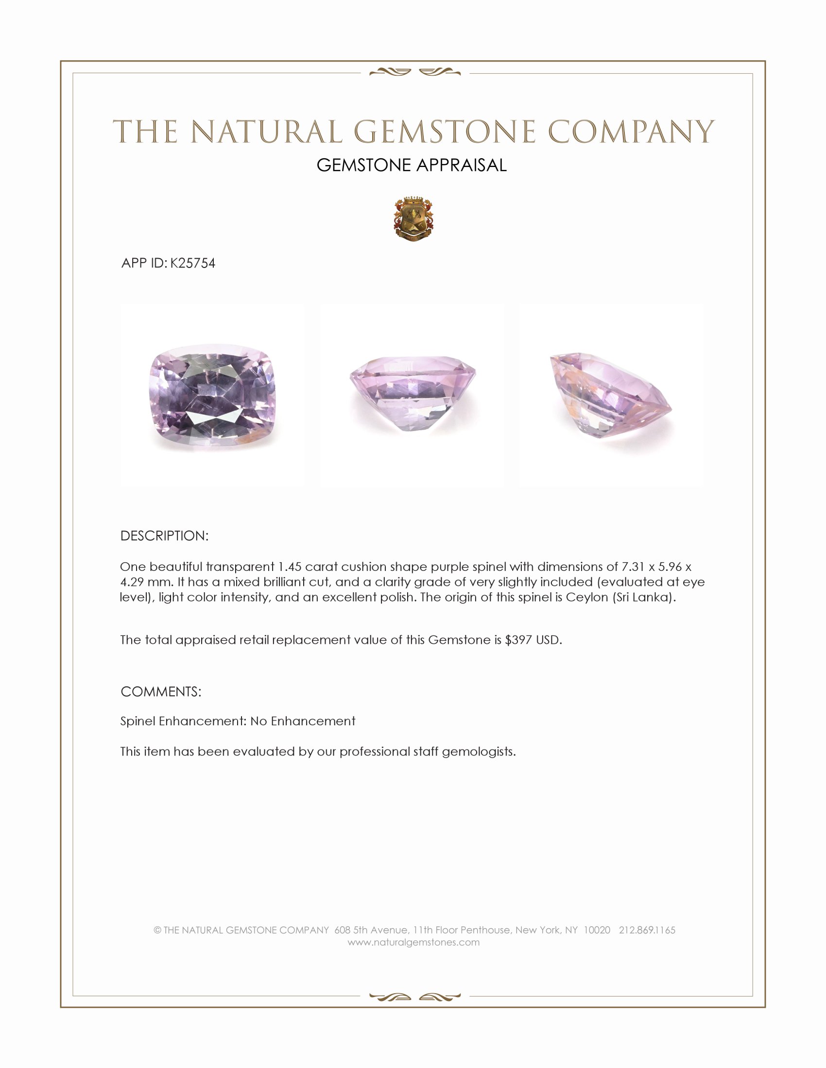 1.45 Ct. Purple Spinel from Ceylon (Sri Lanka)