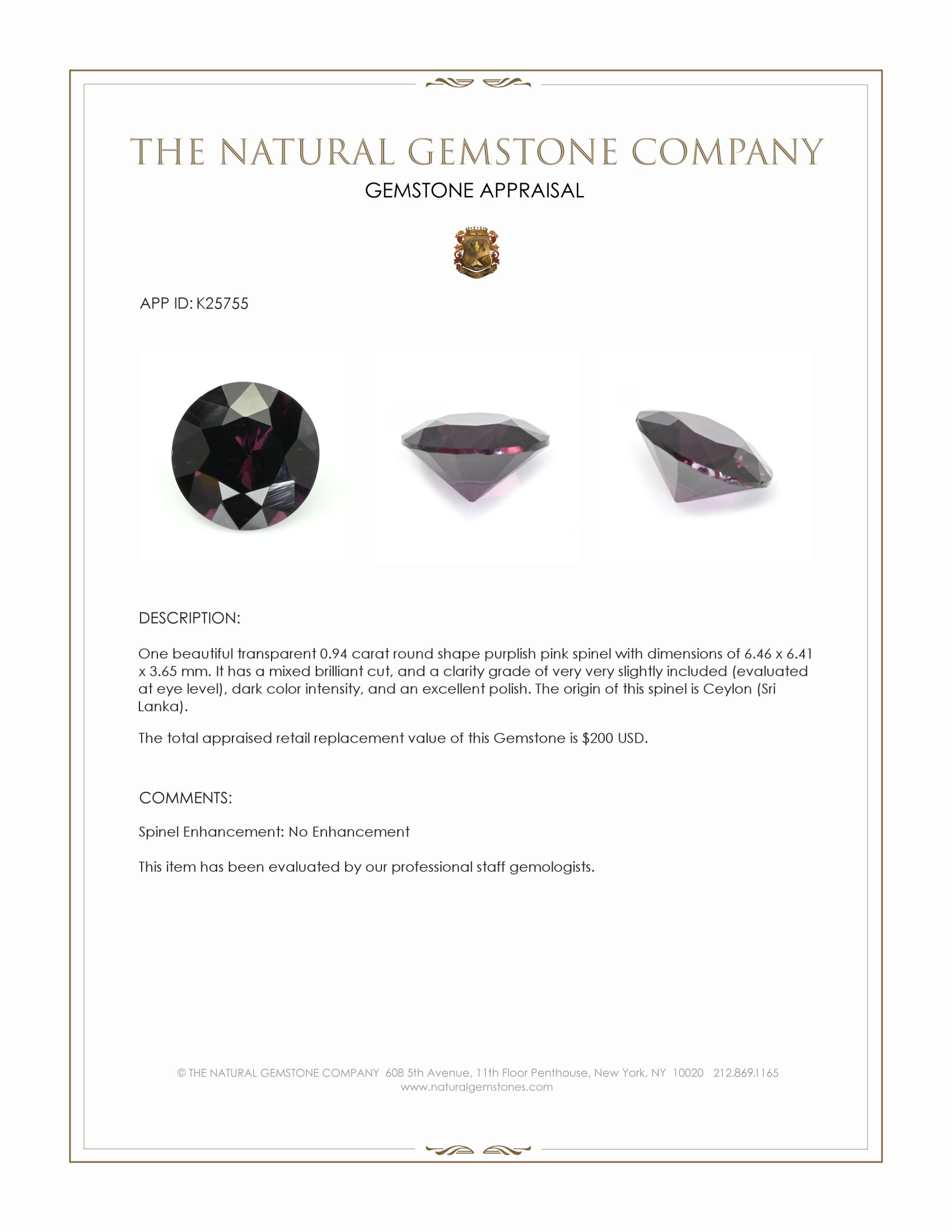 0.94 Ct. Purplish Pink Spinel from Ceylon (Sri Lanka)