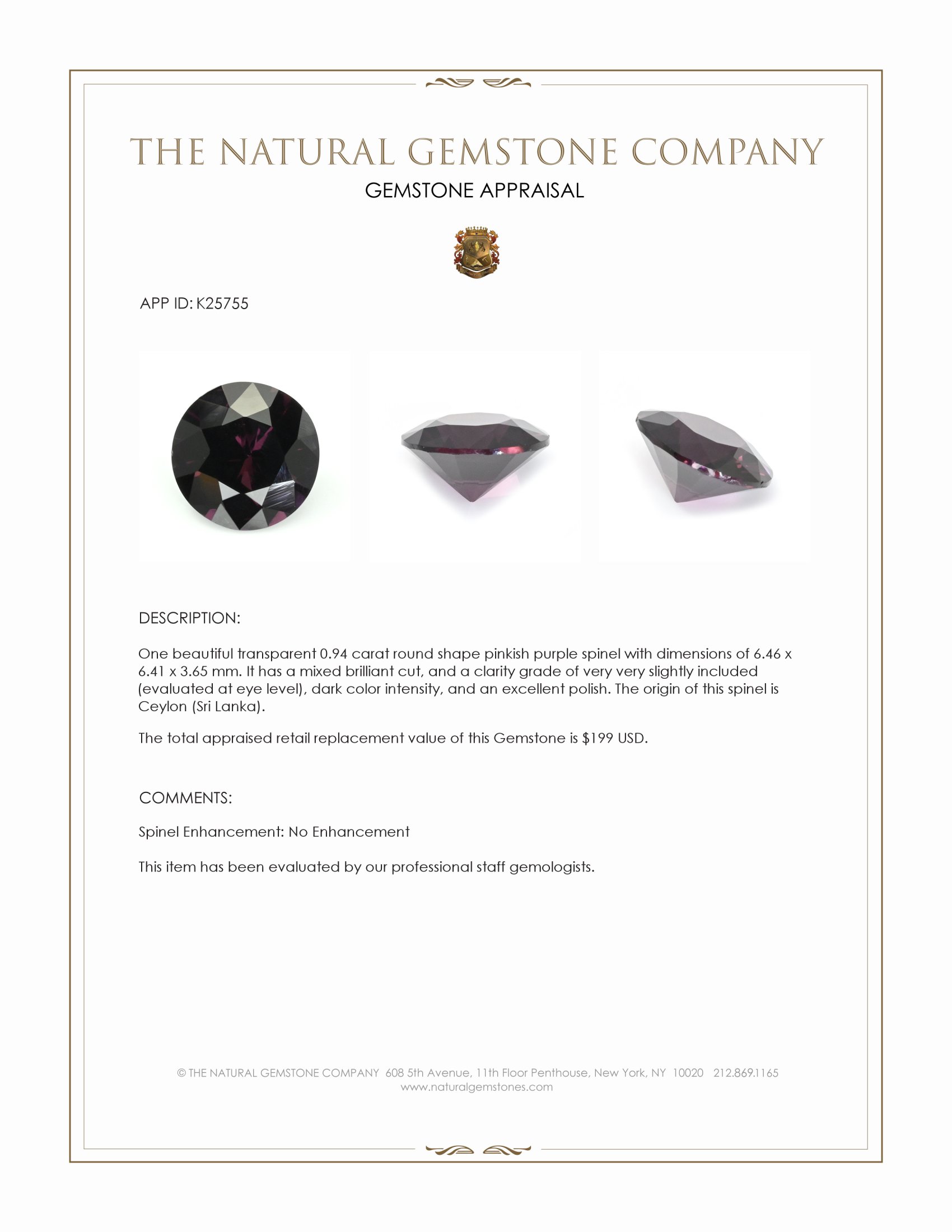 0.94 Ct. Pinkish Purple Spinel from Ceylon (Sri Lanka)