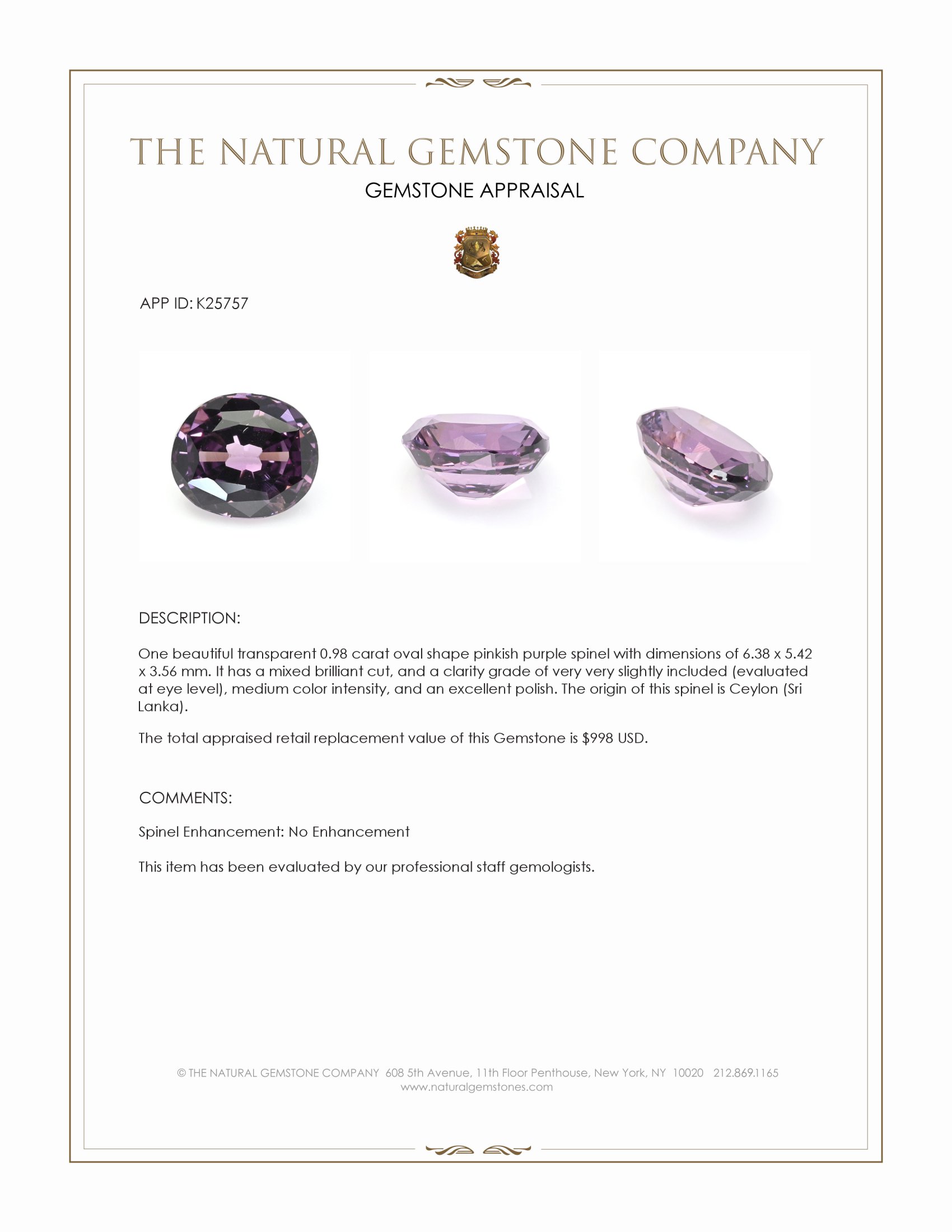 0.98 Ct. Pinkish Purple Spinel from Ceylon (Sri Lanka)
