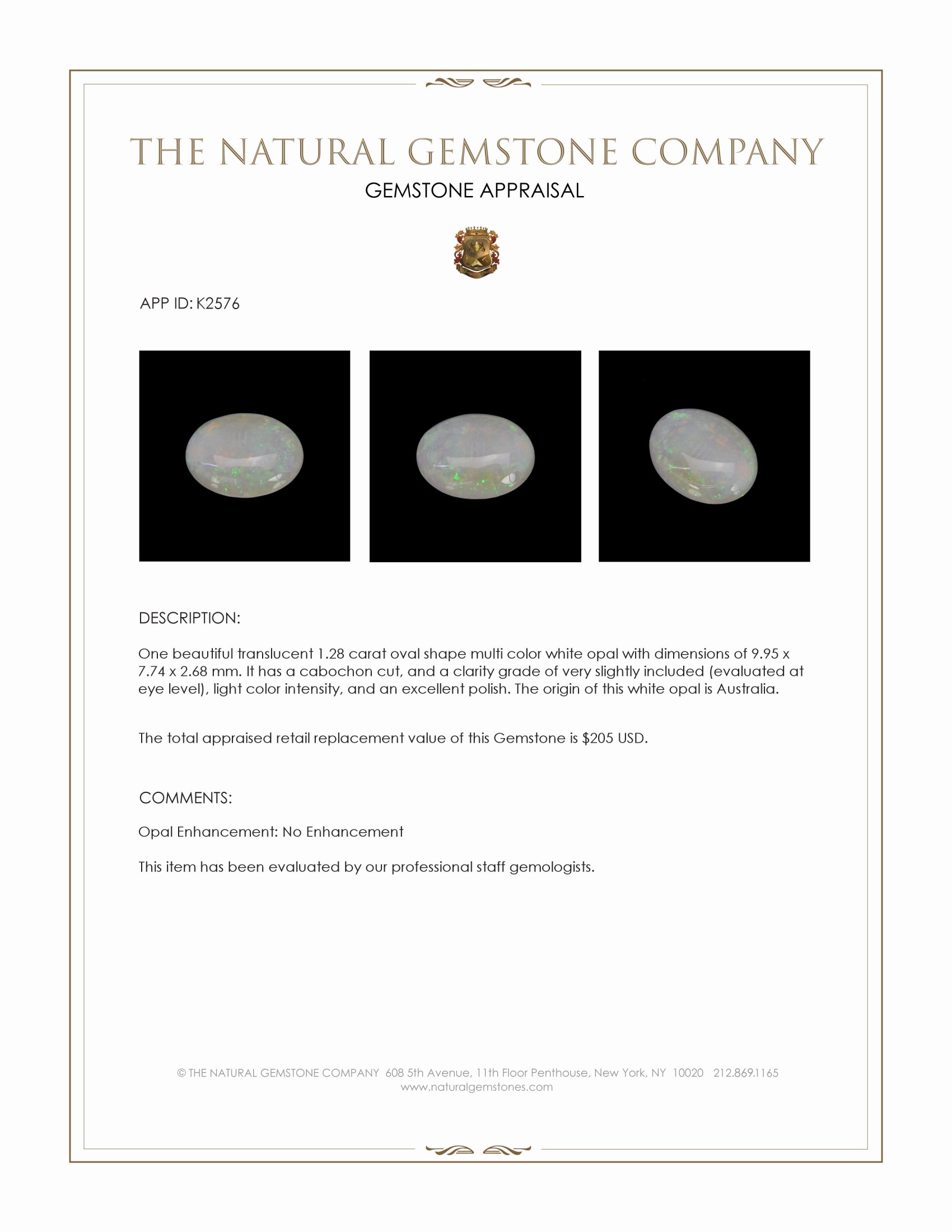 1.28 Ct. Cabochon White Opal from Australia