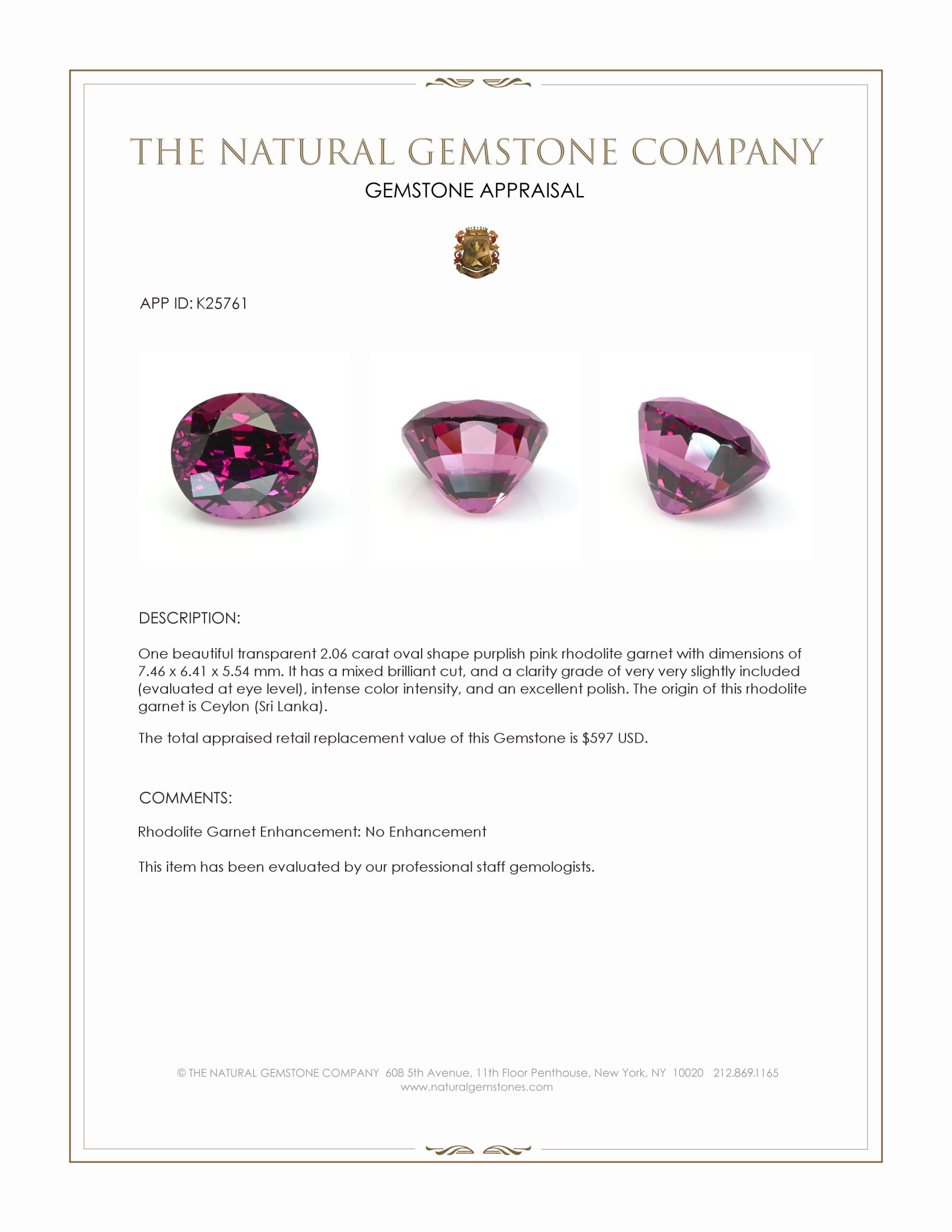 2.06 Ct. Purplish Pink Rhodolite Garnet from Ceylon (Sri Lanka)
