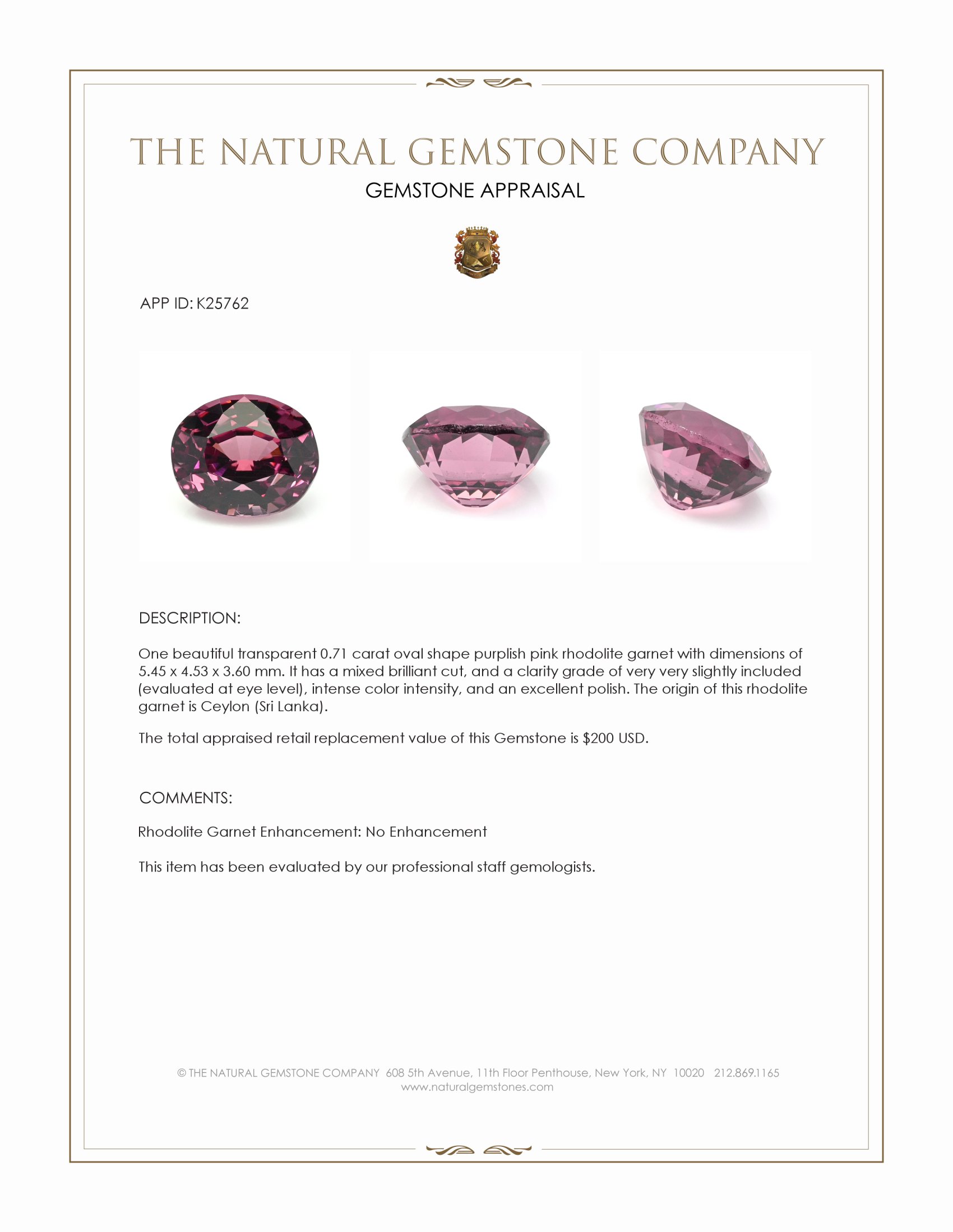 0.71 Ct. Purplish Pink Rhodolite Garnet from Ceylon (Sri Lanka)