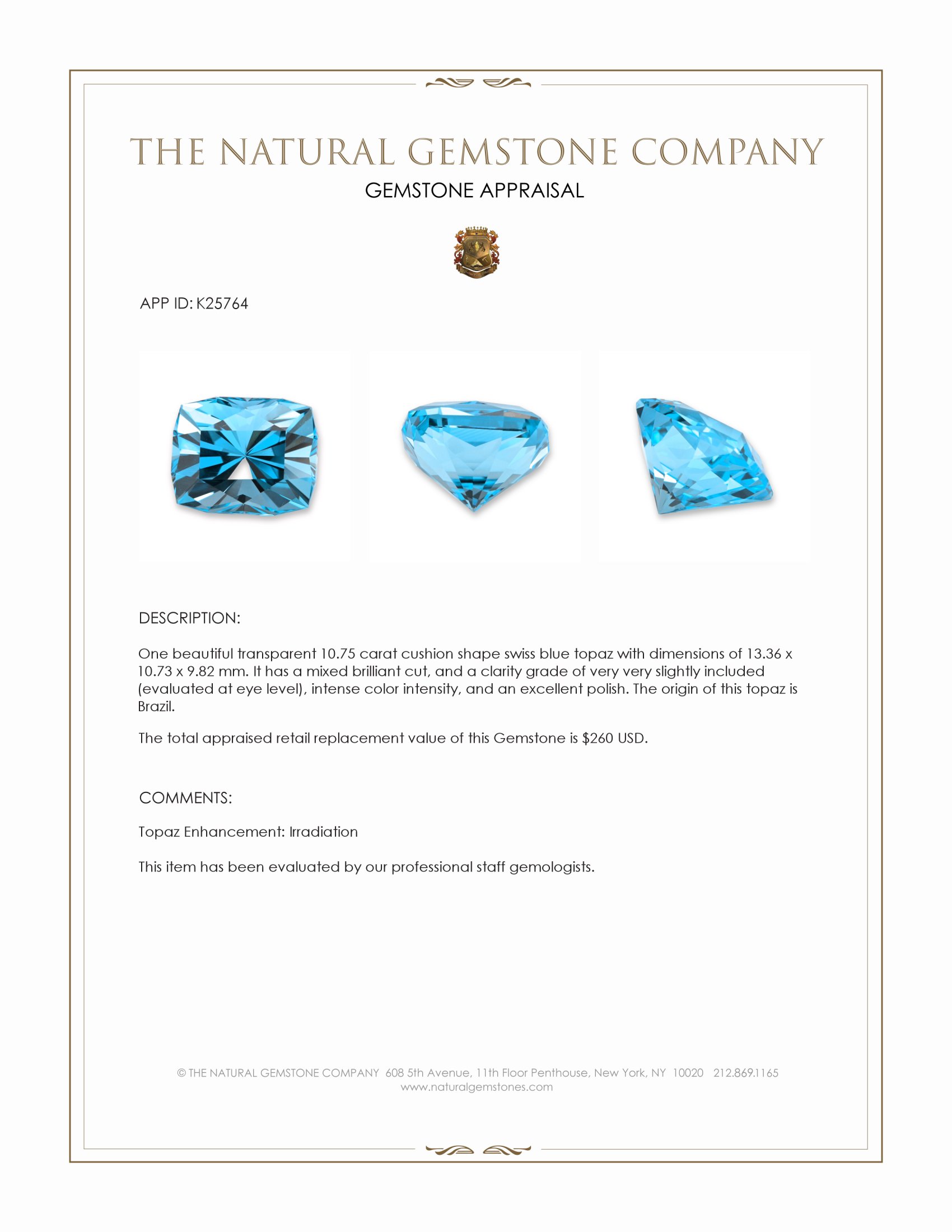 10.75 Ct. Swiss Blue Topaz from Brazil