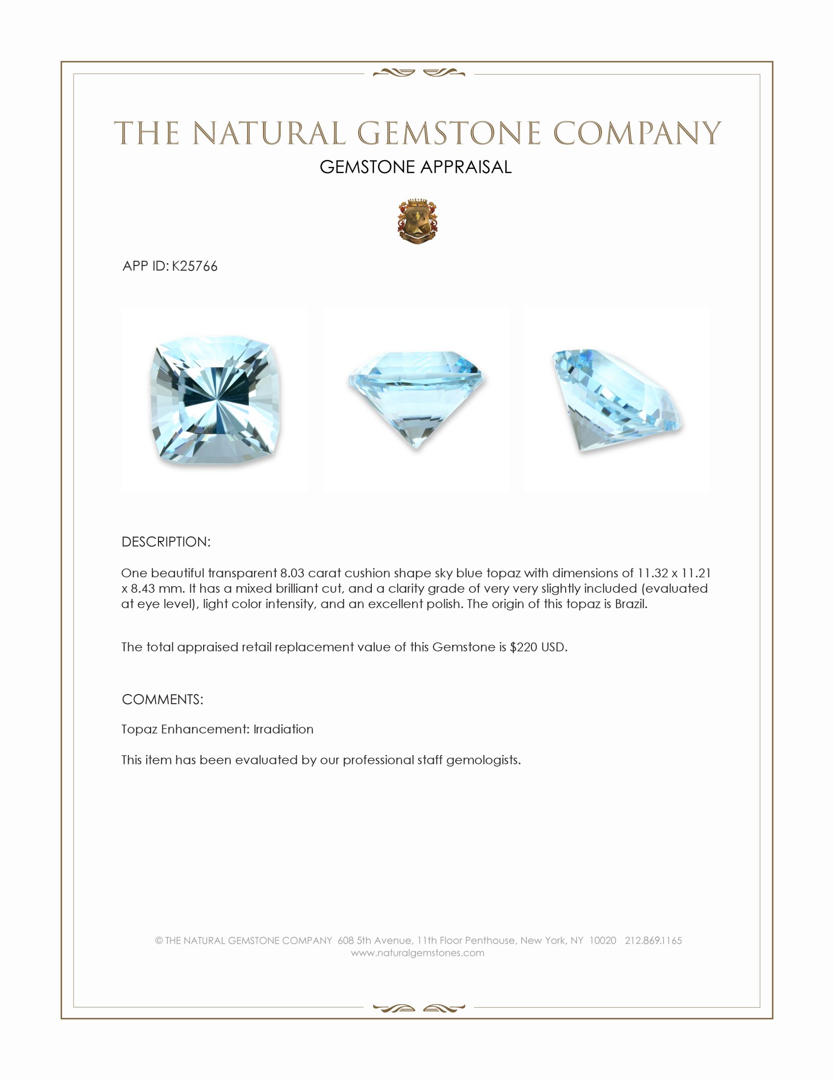 8.03 Ct. Sky Blue Topaz from Brazil