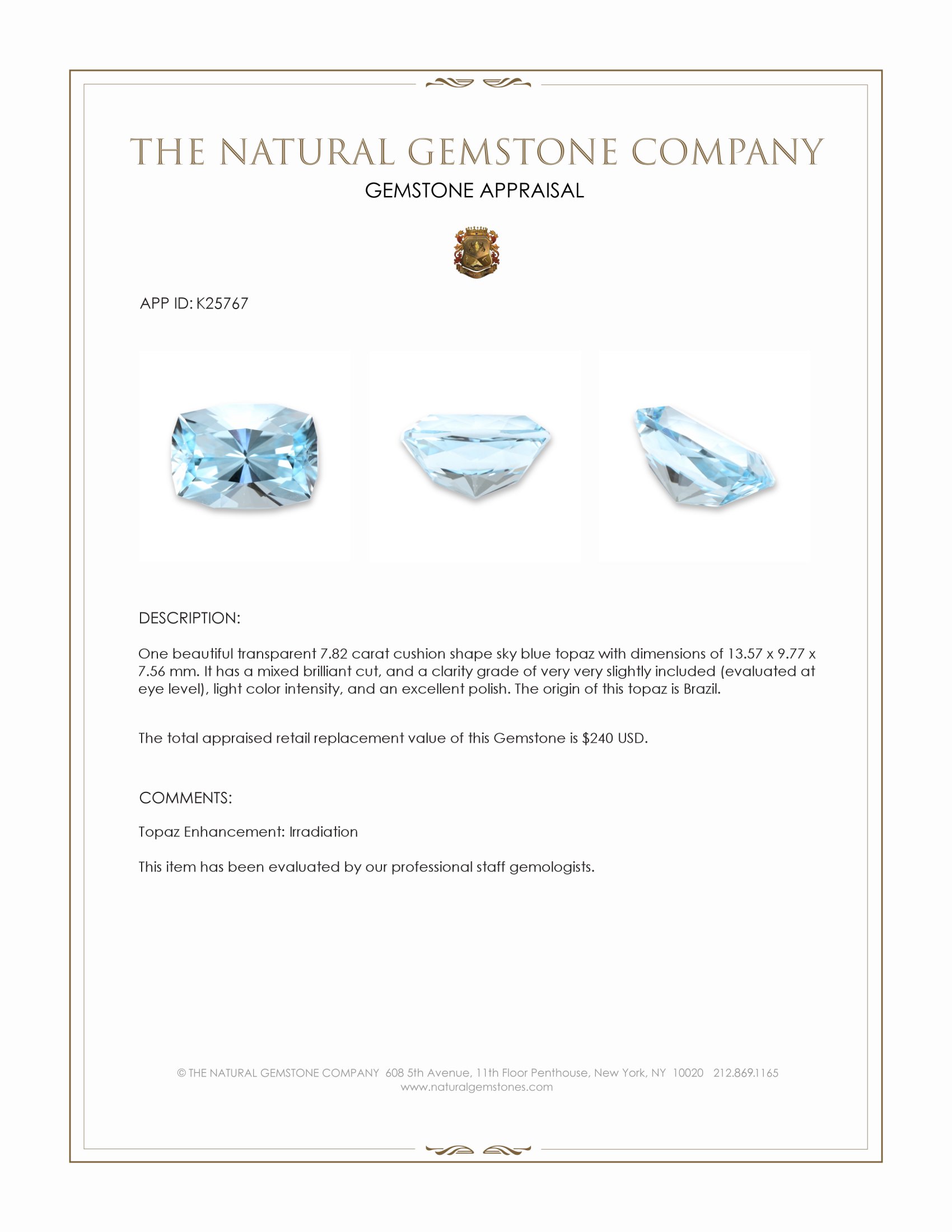 7.82 Ct. Sky Blue Topaz from Brazil