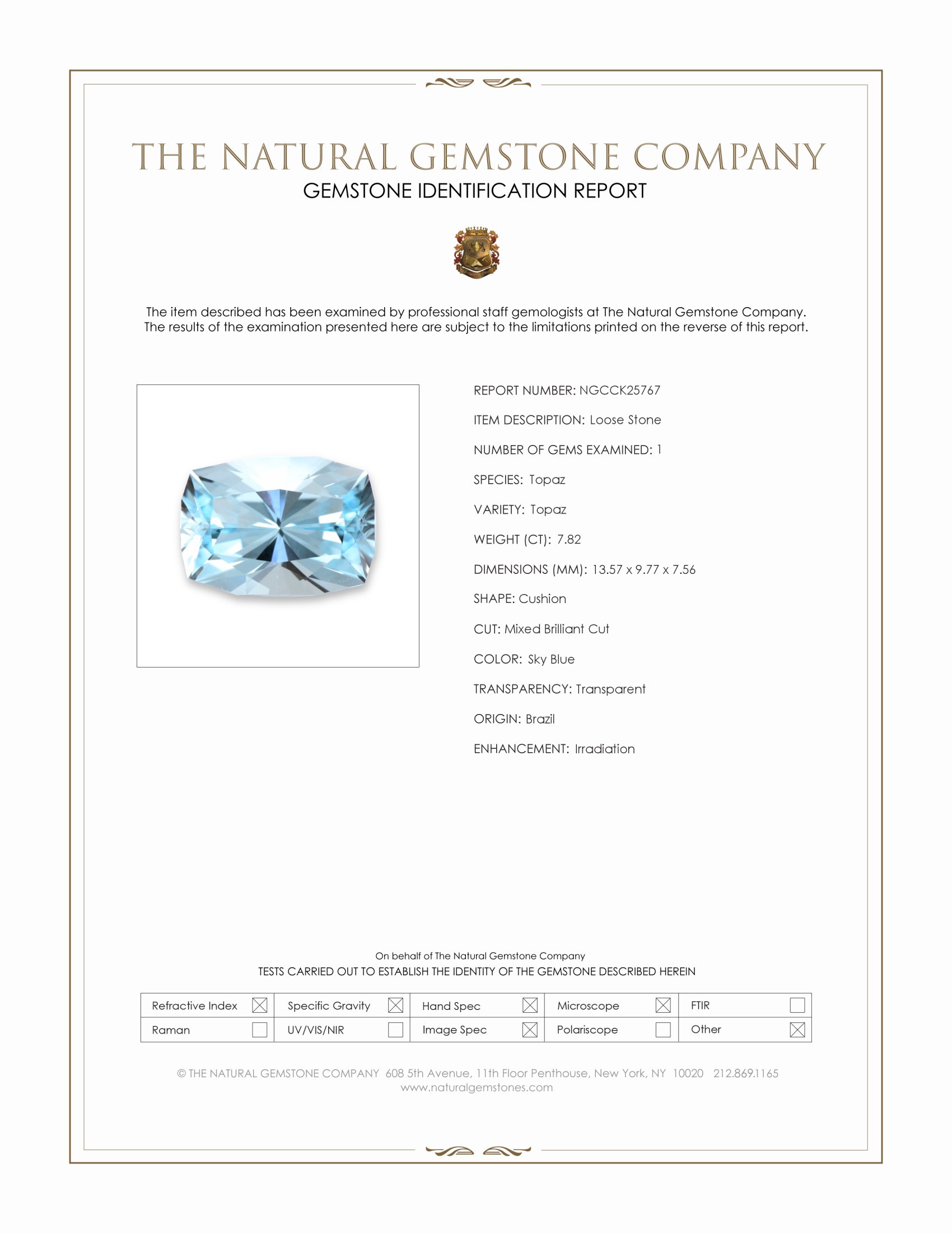 7.82 Ct. Sky Blue Topaz from Brazil